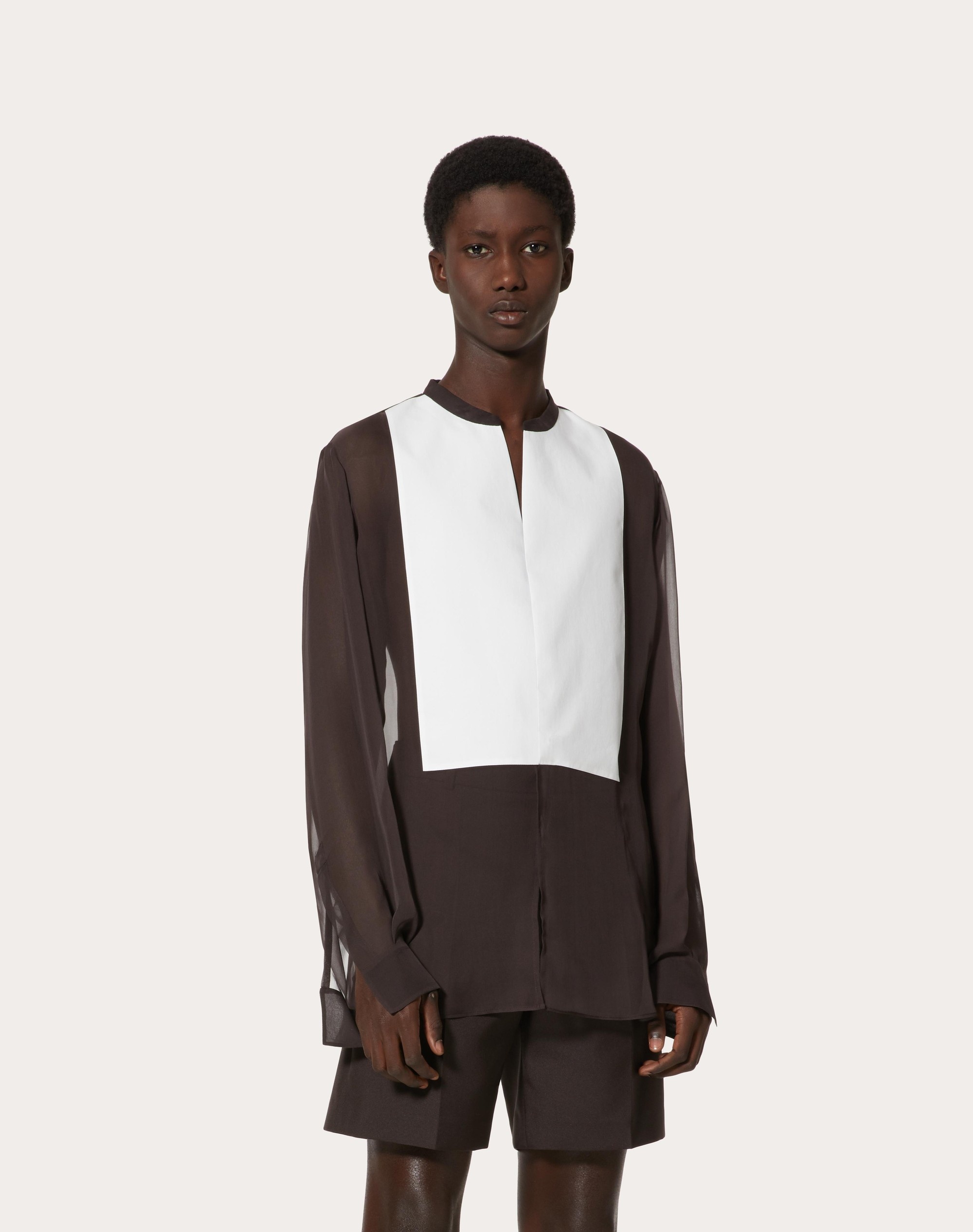 SHIRT IN CHIFFON WITH COTTON PLASTRON AND TIES AT THE WAIST - 3