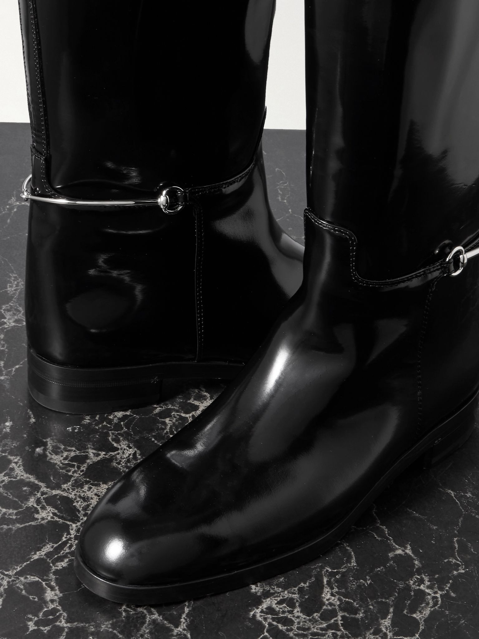 Canvas-trimmed horsebit-embellished patent-leather knee boots Black - 5