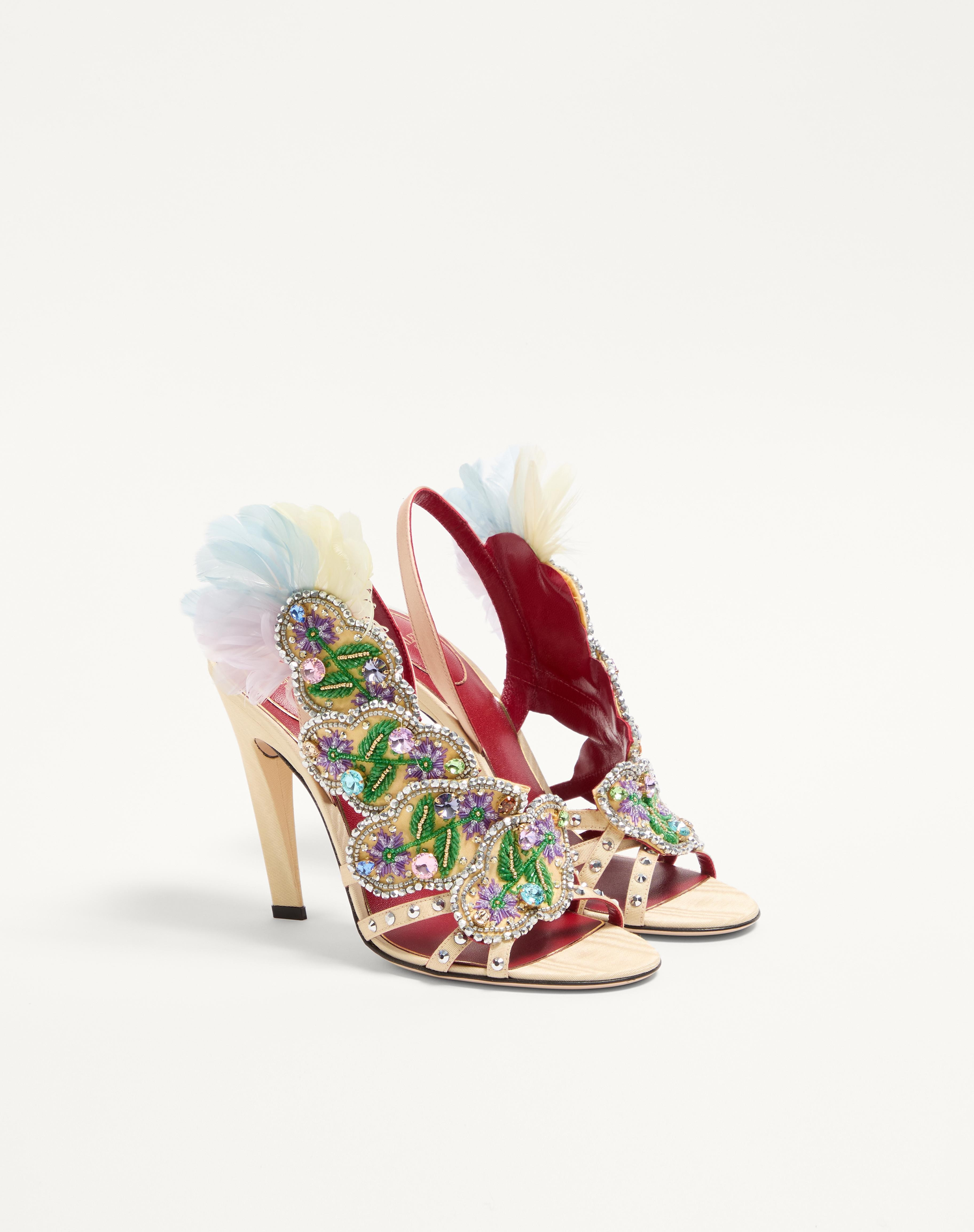 DANS LE FOYER SANDAL IN MOIRÉ FABRIC WITH FLORAL EMBROIDERY AND FEATHERS 105MM - 3