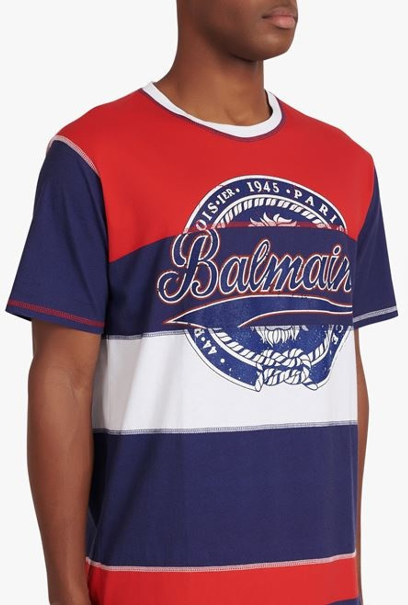 HIGH SUMMER CAPSULE - Blue, red and white cotton T-shirt with Balmain Paris logo print 6