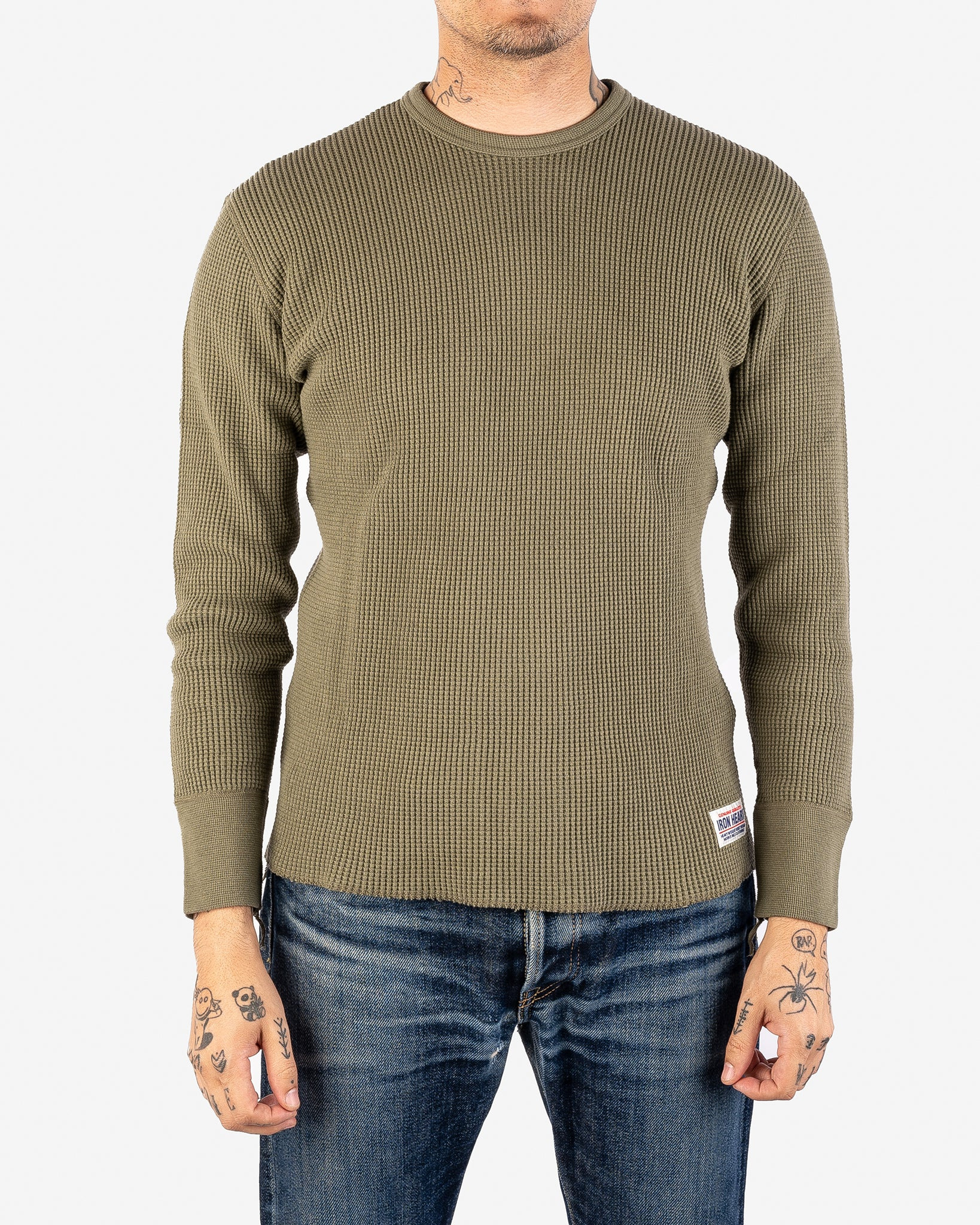 IHTL-1301-OLV Waffle Knit Long Sleeved Crew Neck Thermal Top - Olive - 2