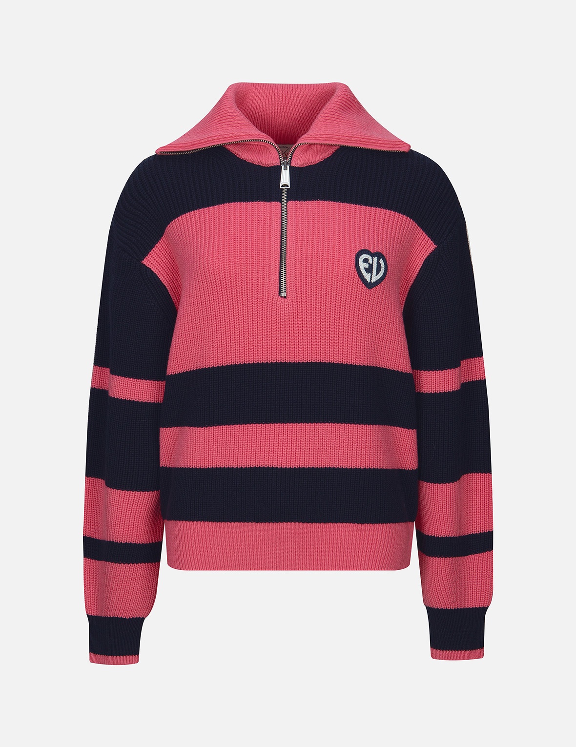 “EV” HEART BADGE STRIPED CROPPED HALF-ZIP SWEATER - 1