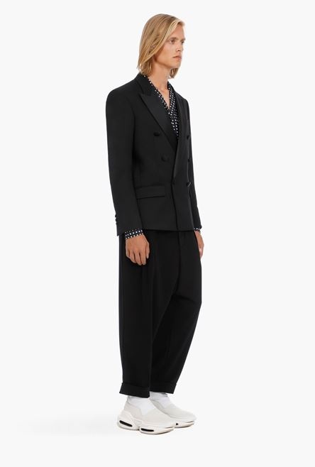 Black satin and wool blazer with double-breasted buttoned fastening - 7