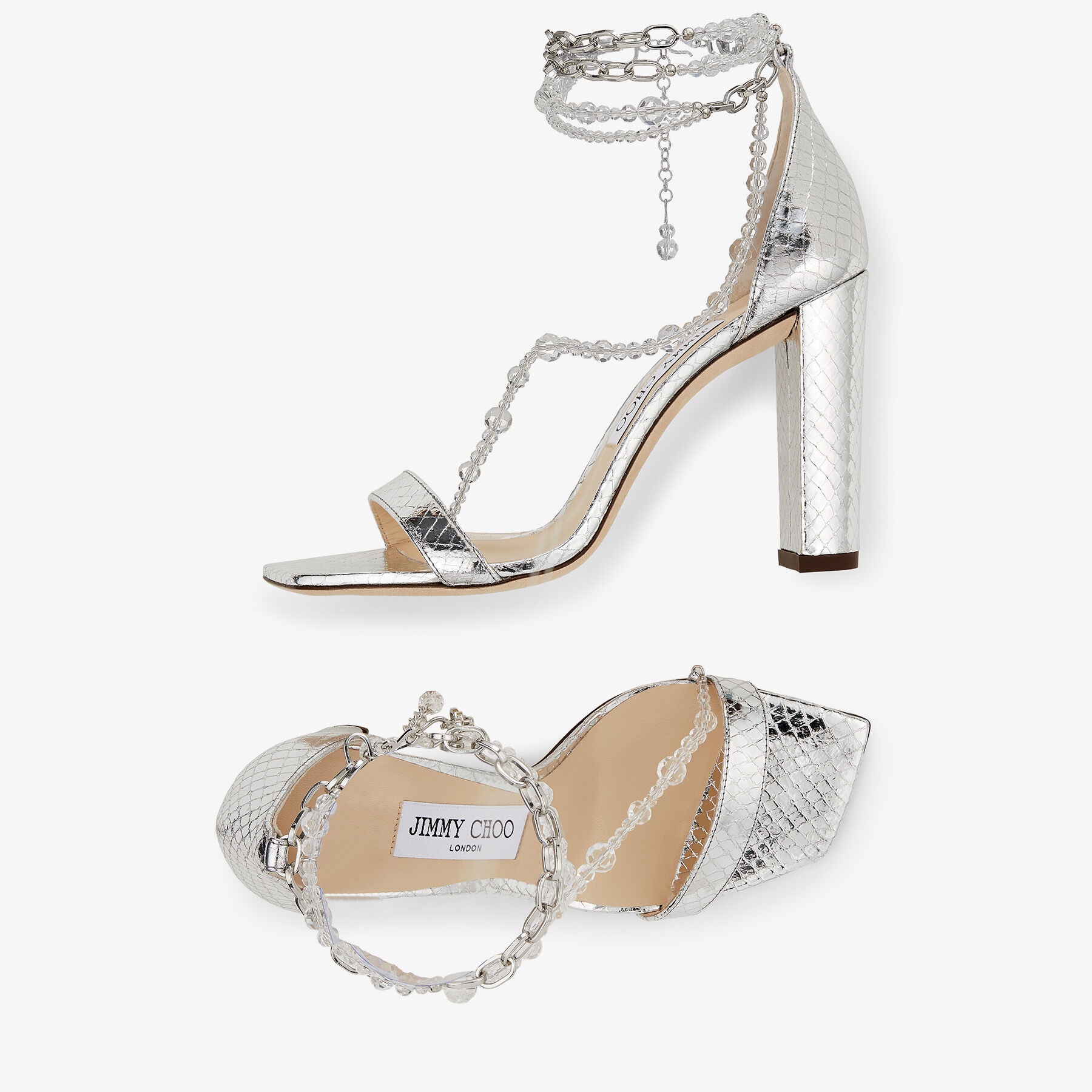 Neena 100
Silver Leather Sandals with Chain and Glass Bead Embellishment - 5