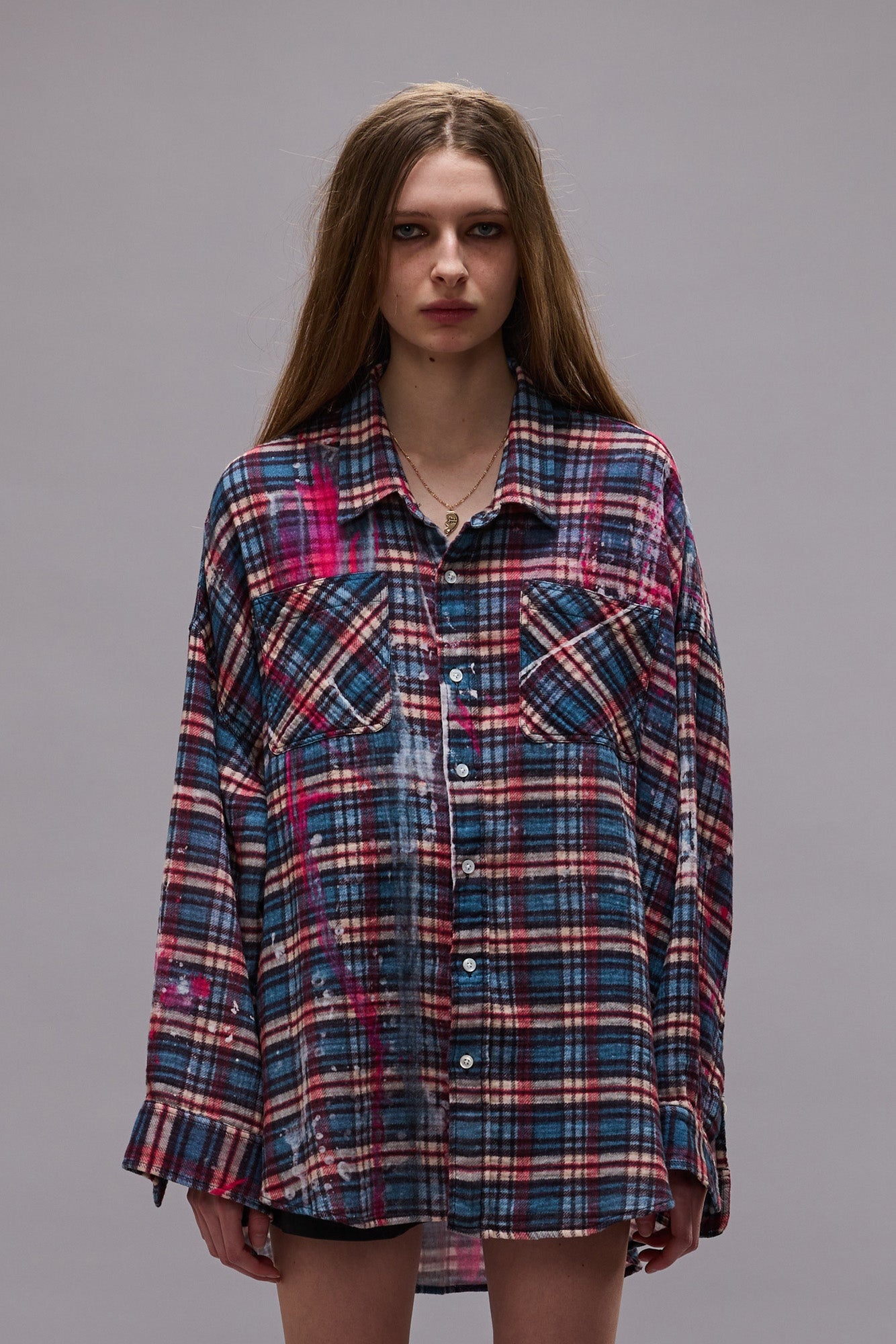 DROP NECK WORKSHIRT - BLUE PLAID WITH PAINT DRIPS -R13 - 4