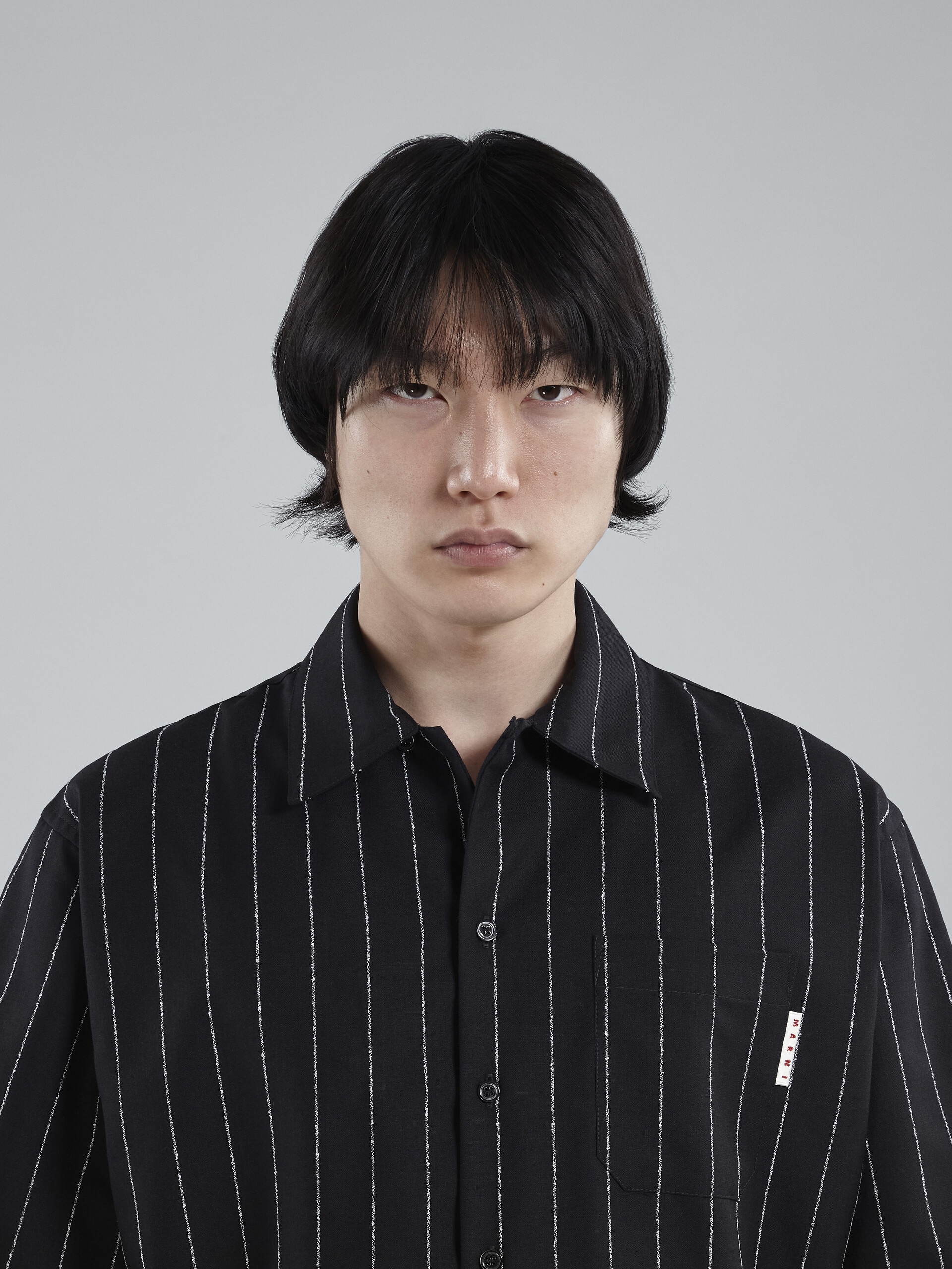 BLACK PINSTRIPED FRESCO WOOL BOWLING SHIRT - 4
