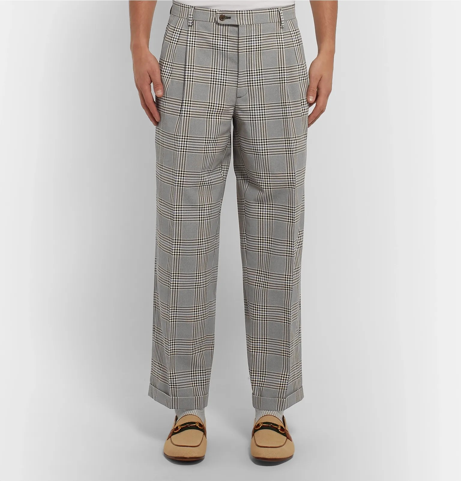 Grey Pleated Prince of Wales Checked Cotton Trousers - 4