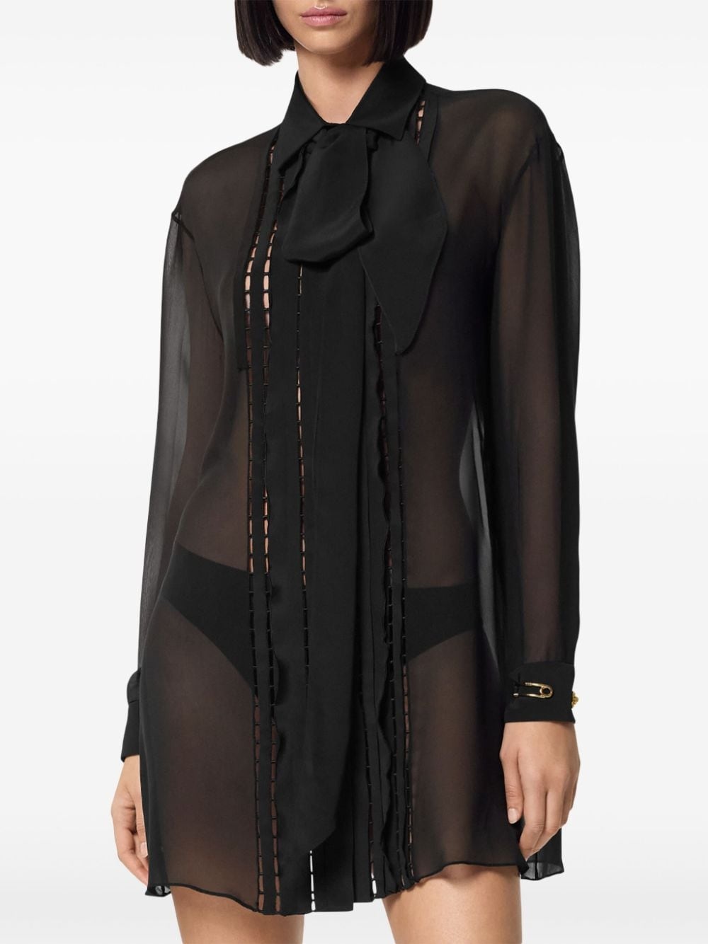 pussy bow-collar semi-sheer shirt - 3