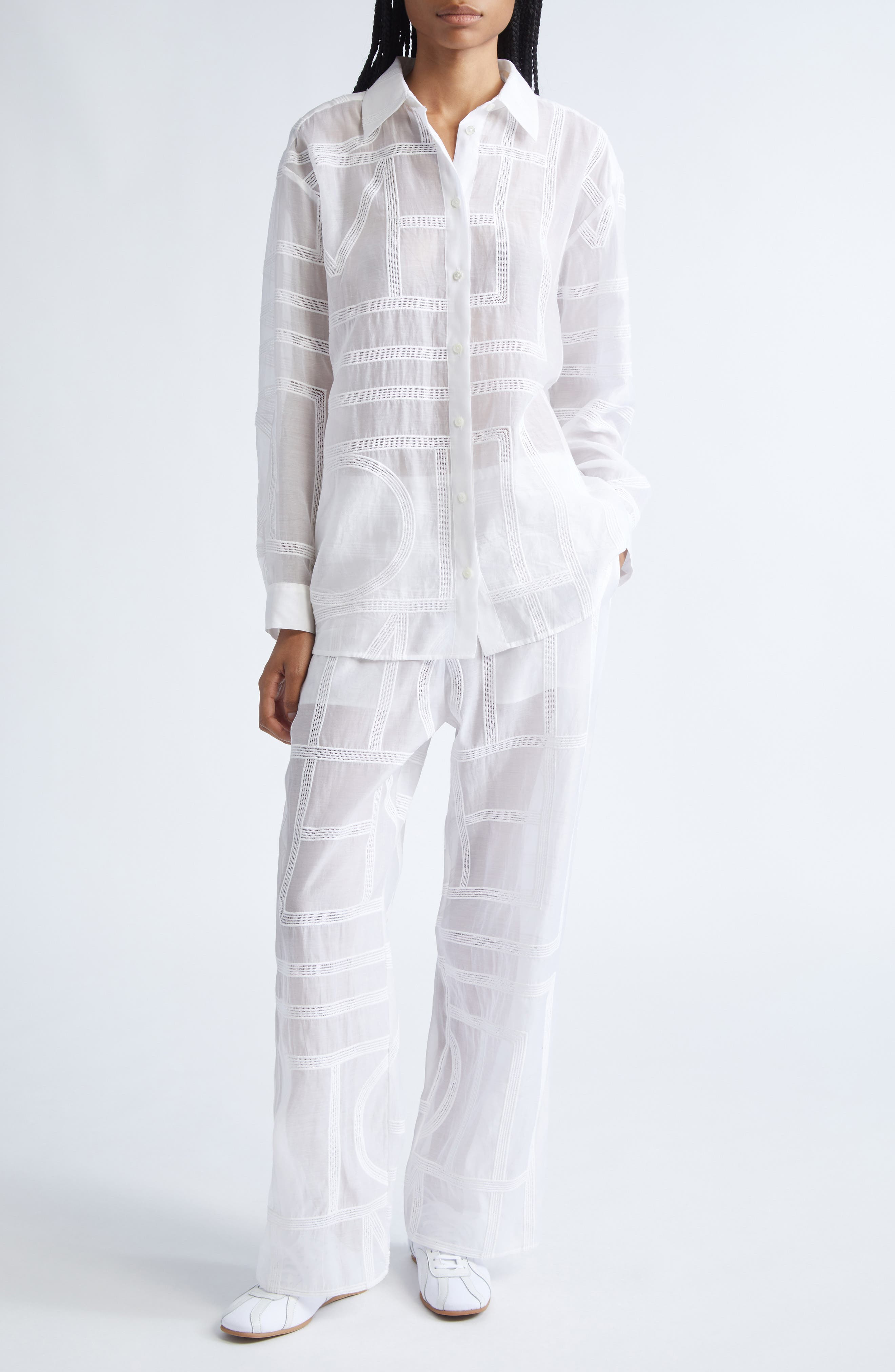 TOTEME Embroidered Organic Cotton & Silk Monogram Oversize Button-Up Shirt in White at Nordstrom - 2