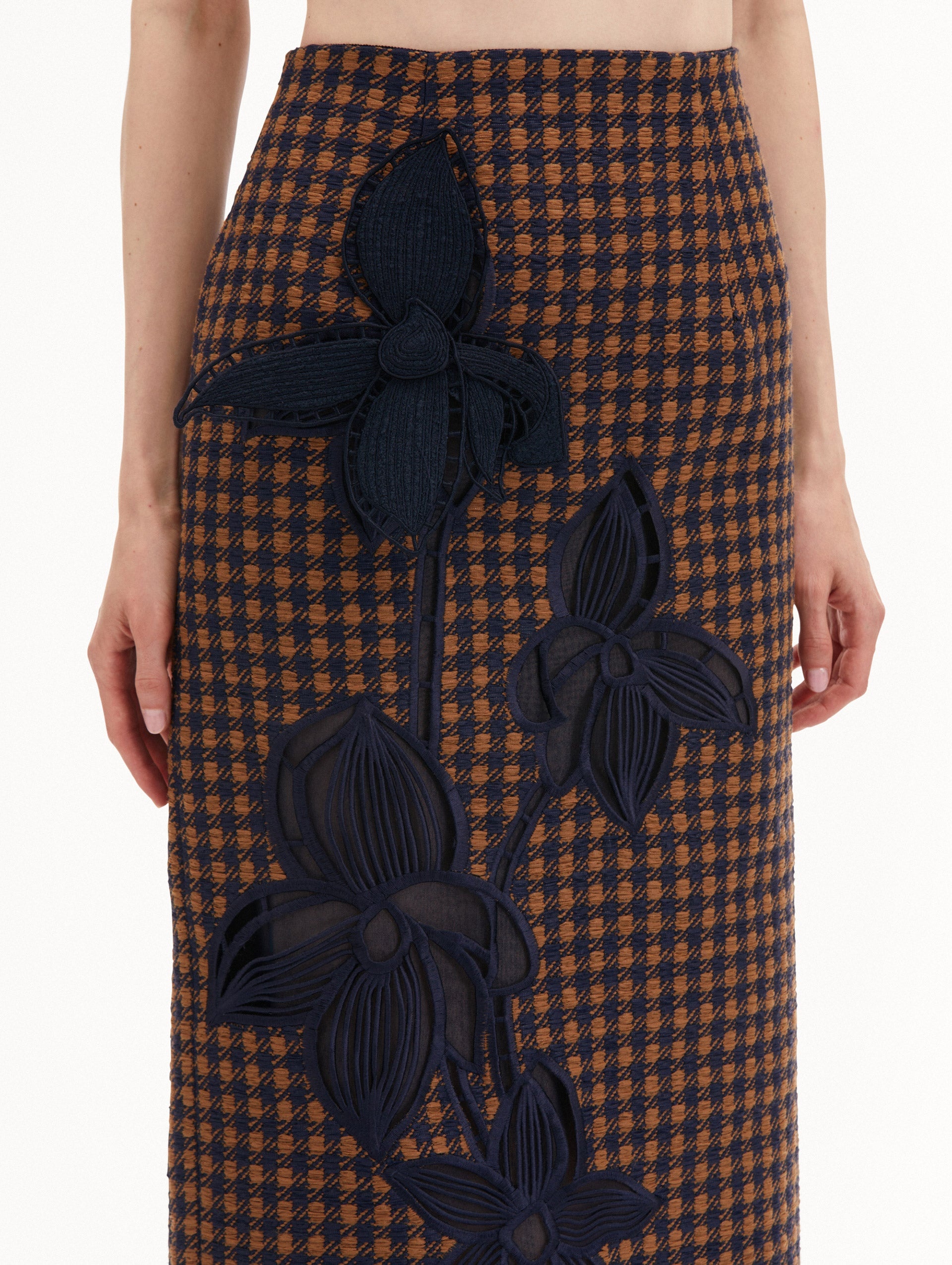 CHECK TWEED ORCHID EMBROIDERED PENCIL SKIRT - 6