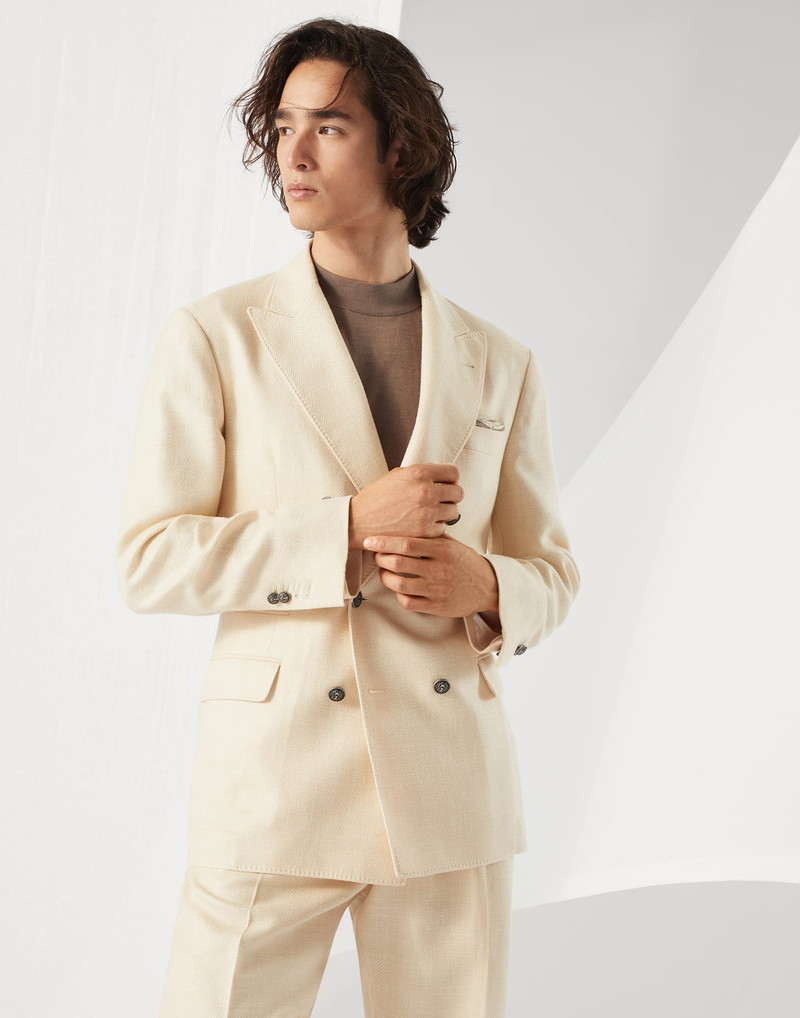 Wool, silk and linen chevron one-and-a-half breasted deconstructed blazer with metal buttons 1