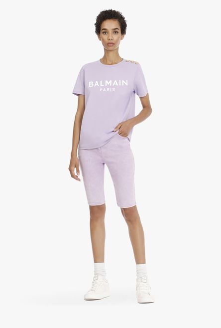 Lilac cotton T-shirt with flocked white Balmain logo - 2