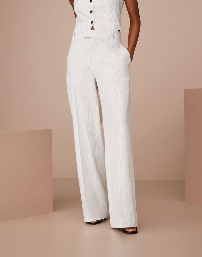 Striped comfort linen and cotton loose flared trousers with monili 1