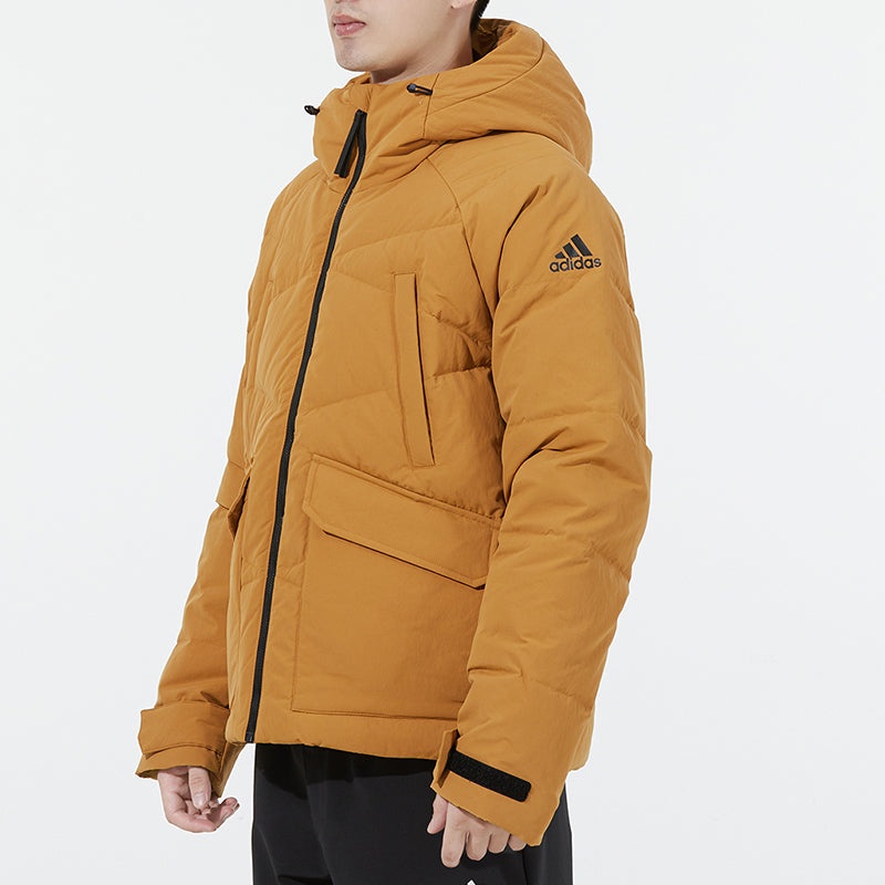 Men's adidas Big Baffle Jkt Casual Sports Zipper Cardigan Hooded Down Jacket Turmeric GQ2506 - 5