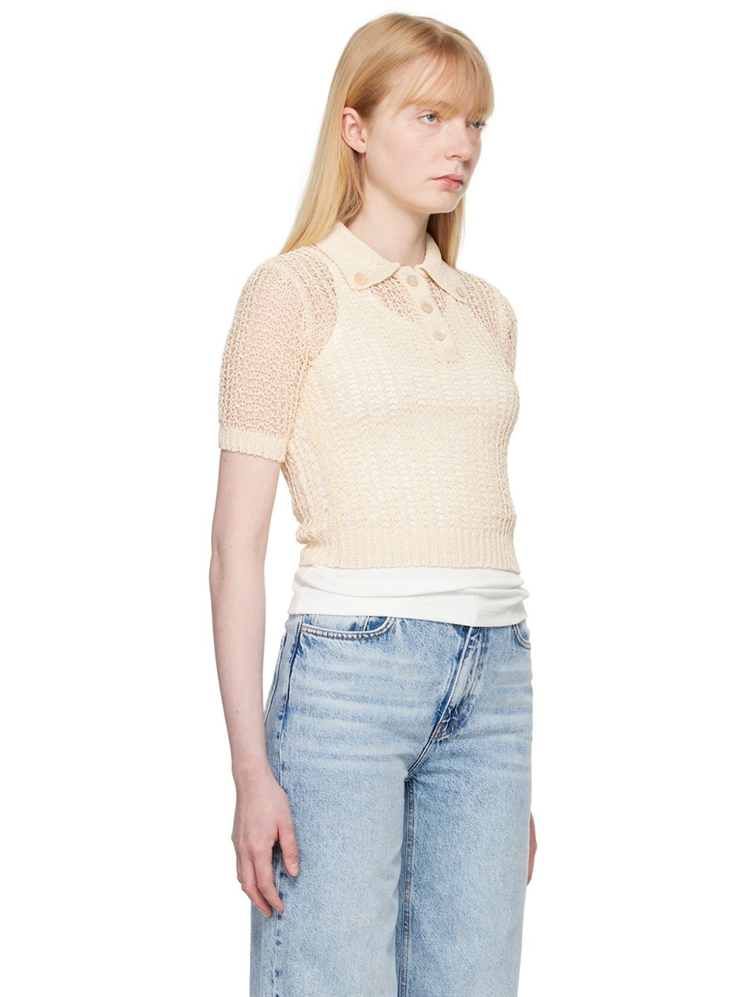 Beige Net Crop Polo - 2