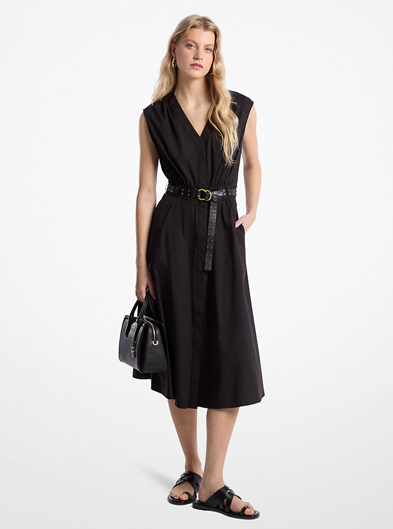 Stretch Cotton Poplin Belted Midi Dress 1