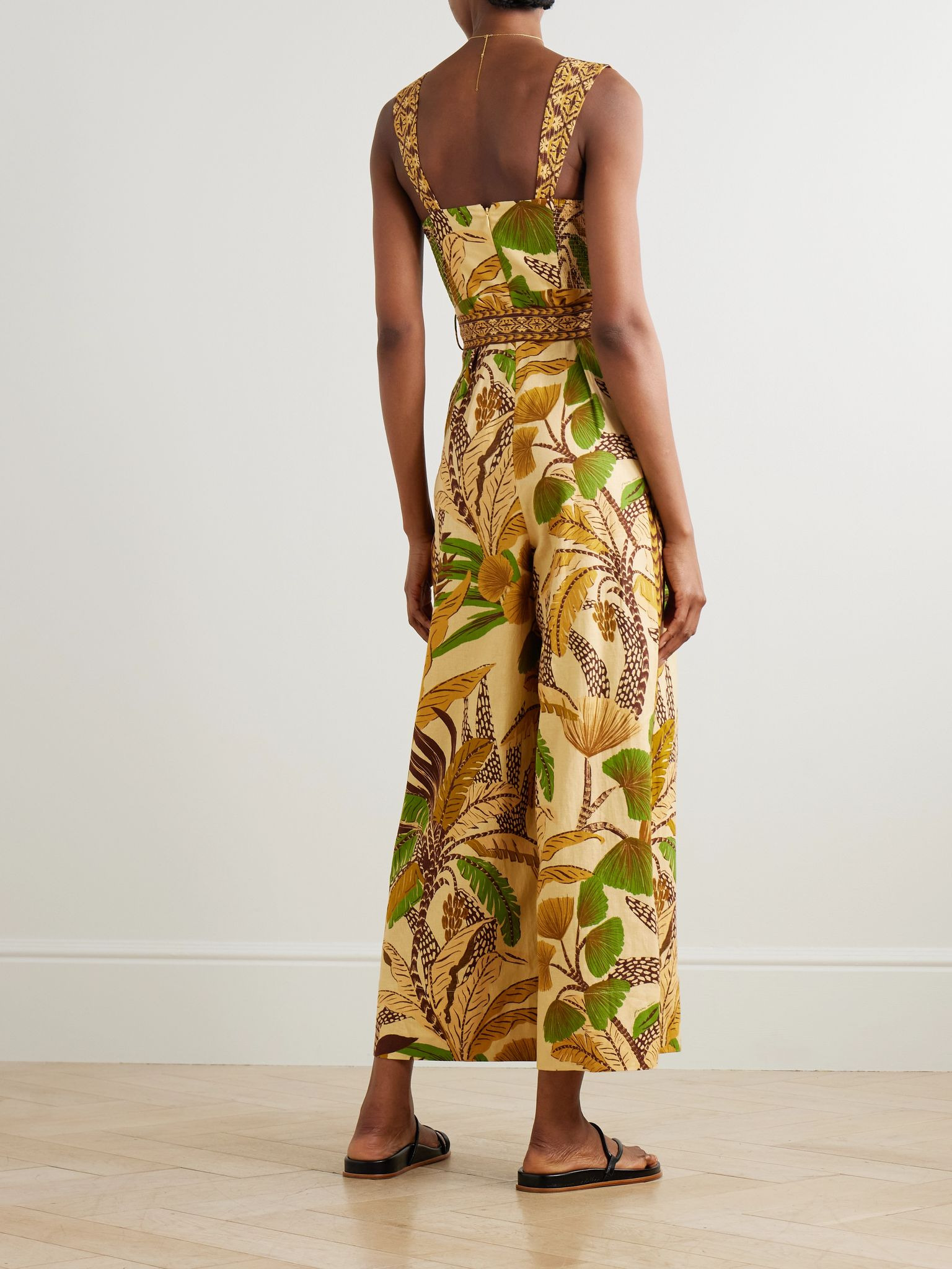 Belted shirred printed linen-blend jumpsuit Beige - 3