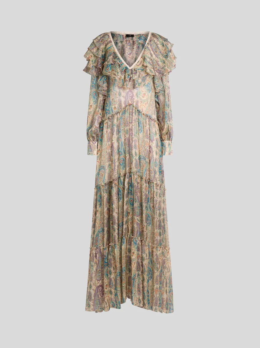 LONG SILK DRESS WITH FLORAL PAISLEY MOTIF - 1