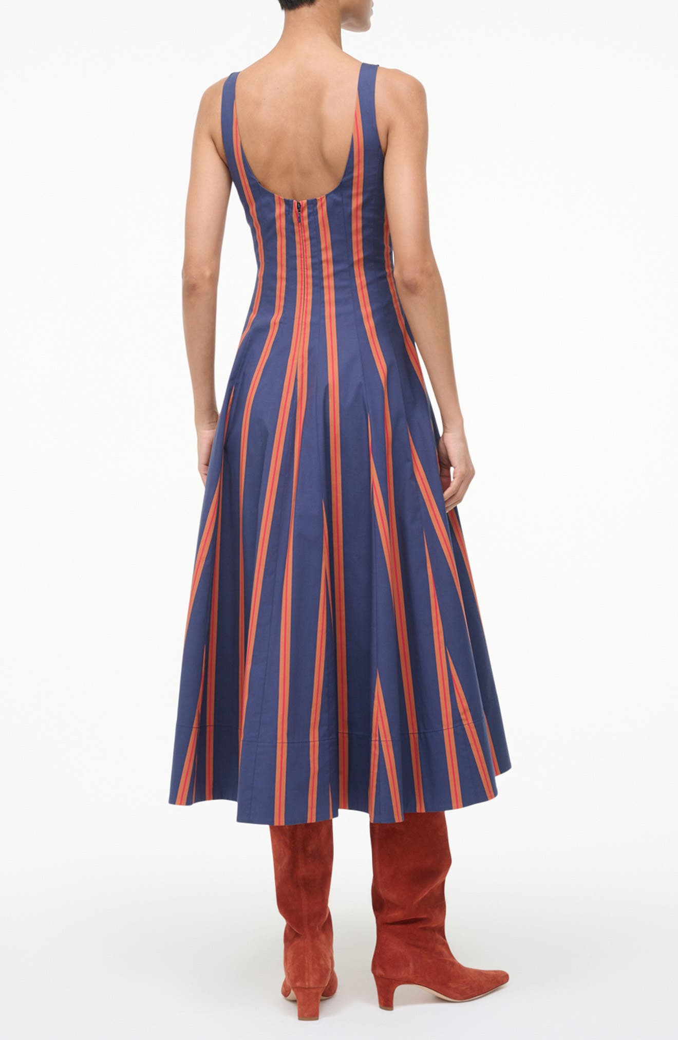 STAUD Wells Stripe Stretch Cotton Fit & Flare Midi Dress in Railroad Stripe at Nordstrom - 2