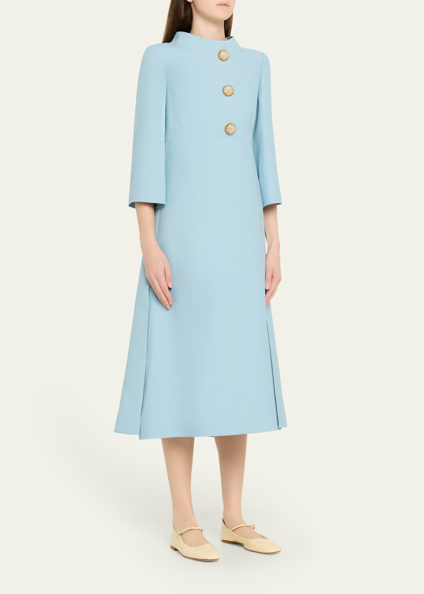 Strass Button High-Neck Crepe Midi Dress - 4