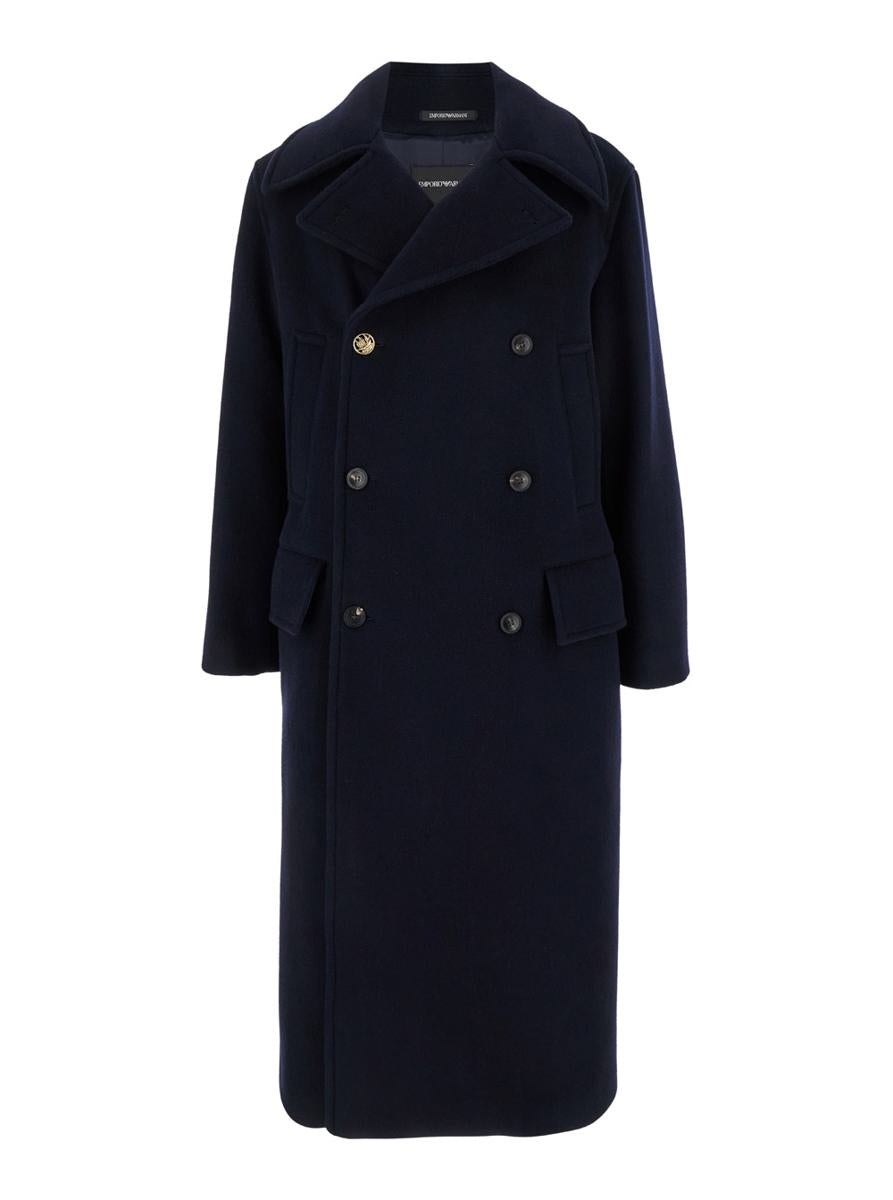 Emporio Armani 'Melton' Long Blue Double-Breasted Coat With Jewel Button In Wool Man - 1