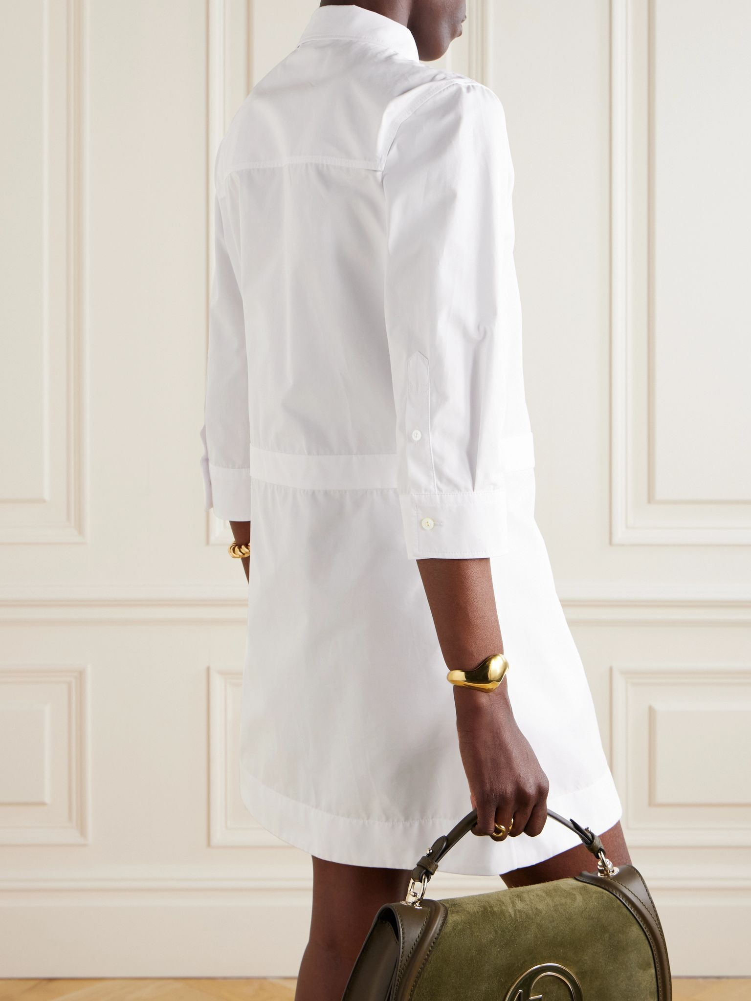 Leather-trimmed horsebit-detailed cotton-poplin mini dress White - 3