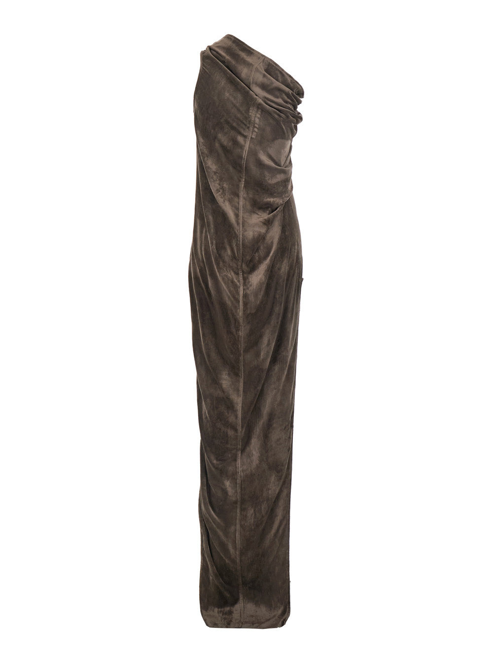 Rick Owens Women 'Athena Arrowhead' Brown Asymmetric Long Dress With Ruched Neckline And Side Single - 2