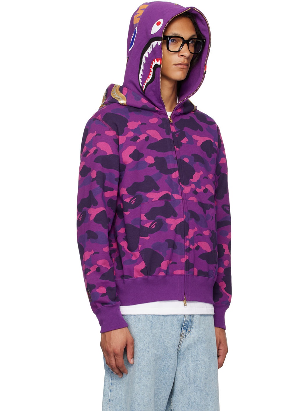 Purple Color Camo Double Shark Full Zip Hoodie - 2