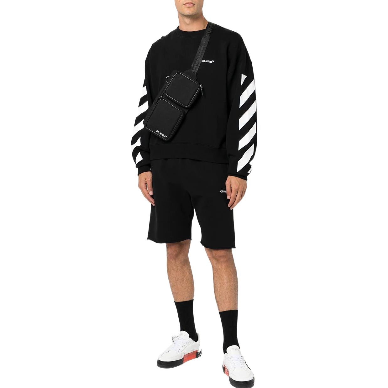 Men's Off-White FW22 Stripe Logo Printing Round Neck Long Sleeves Loose Fit Autumn Black OMBA058C99F - 2