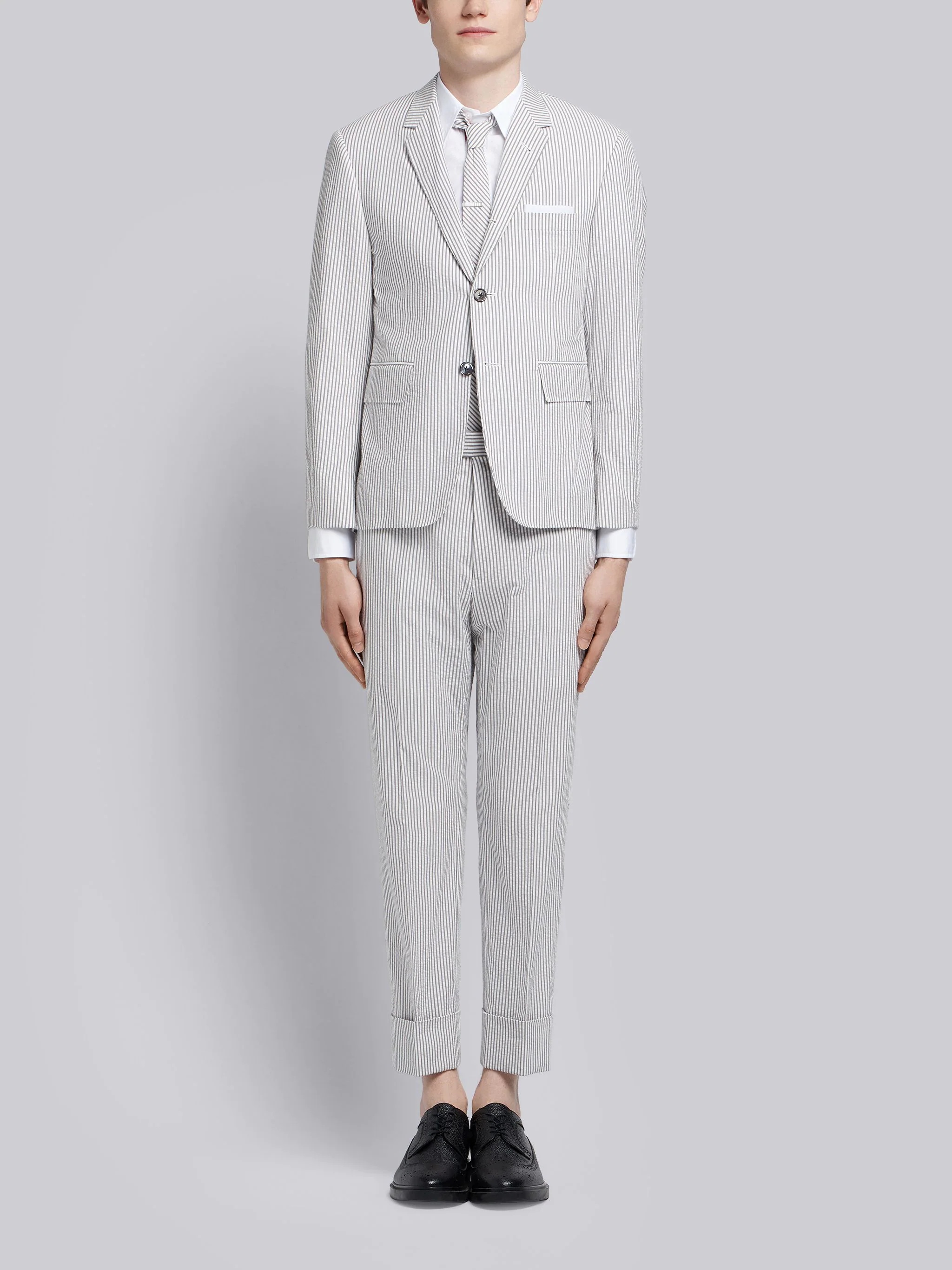 Medium Grey Seersucker Classic Suit and Tie - 1