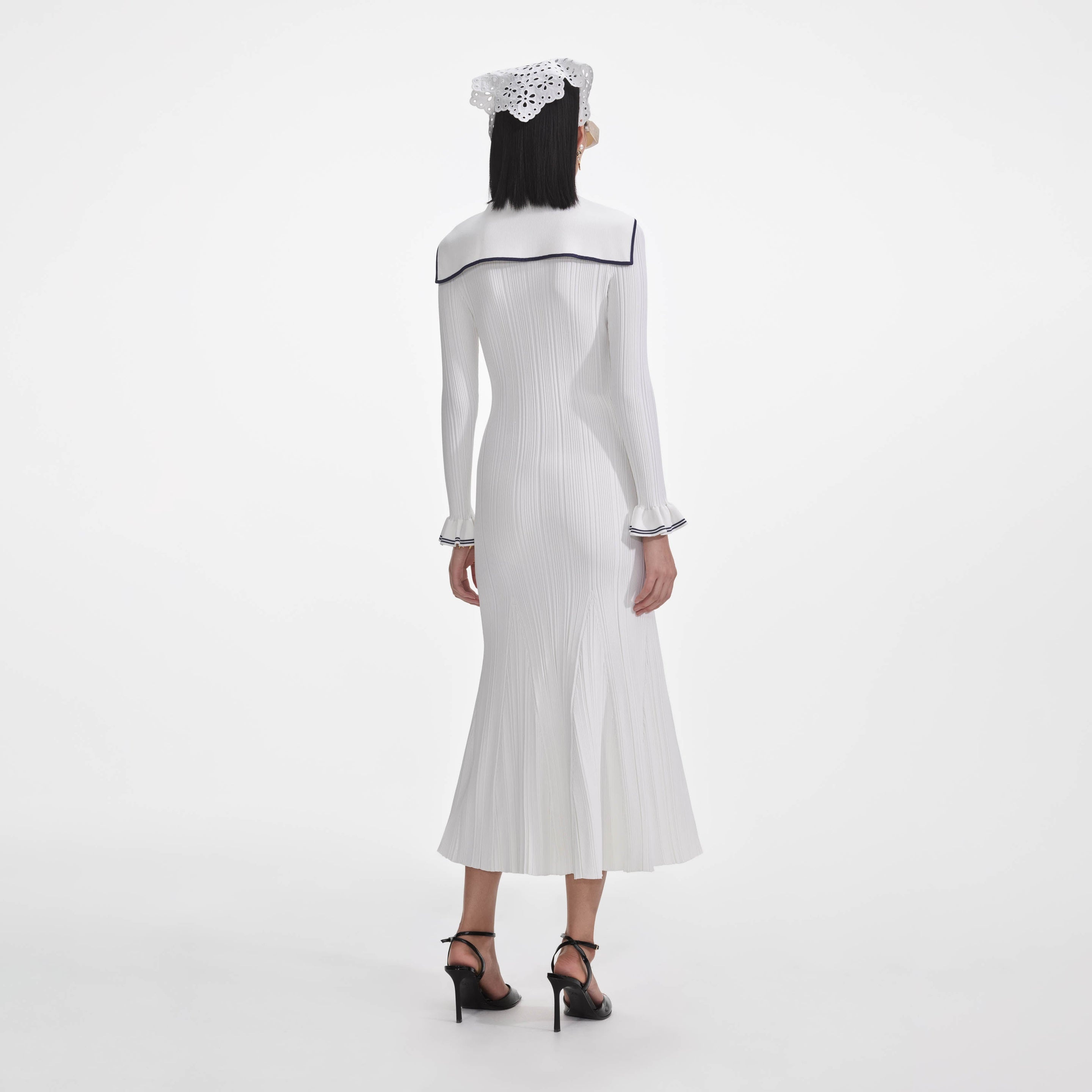 White Viscose Rib Knit Midi Dress - 3