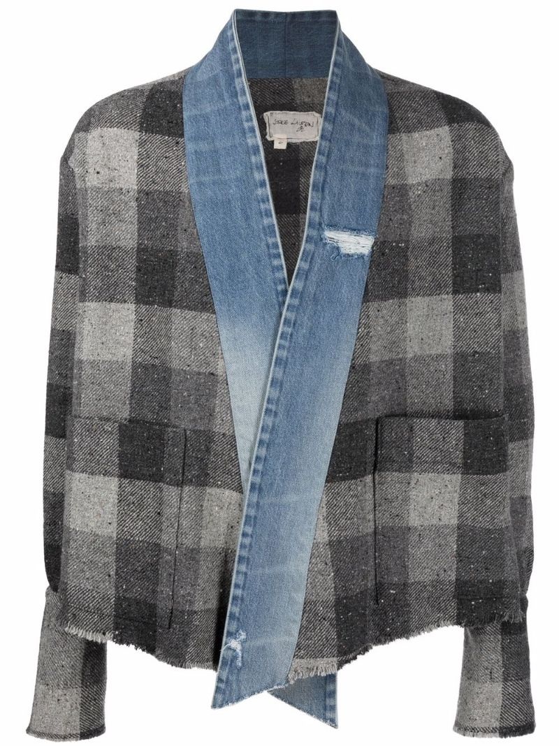 denim-trim checked shirt jacket - 1