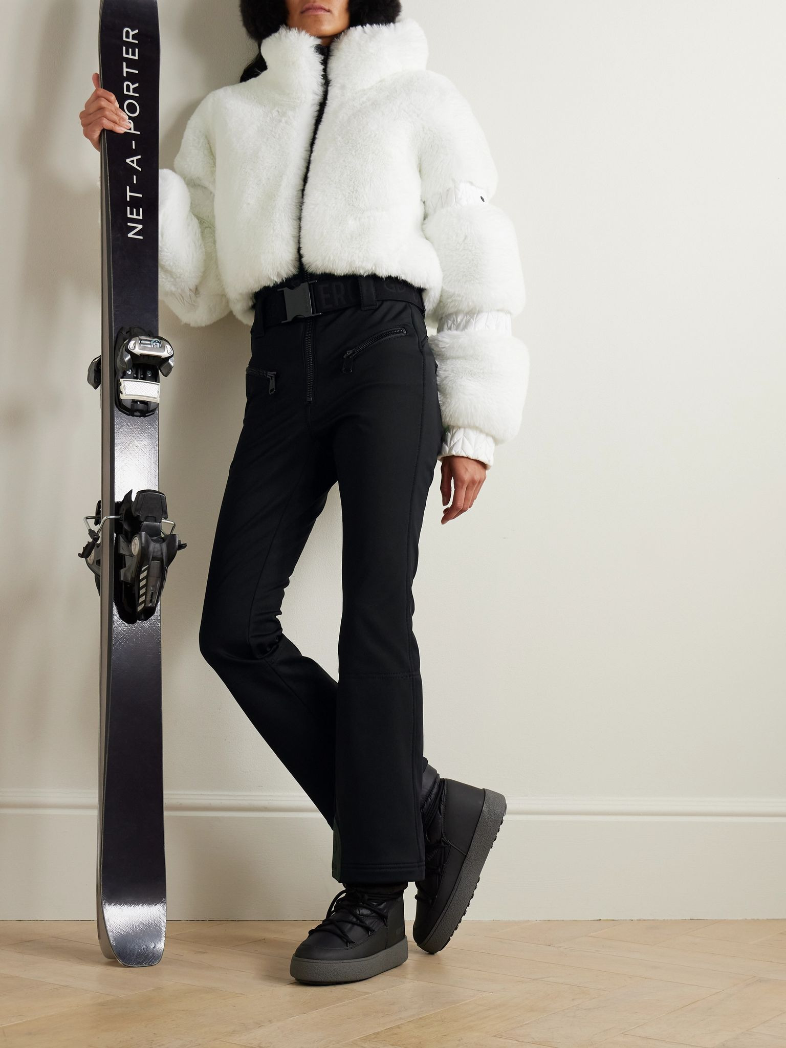Lieke belted faux fur and stretch-shell ski suit Black - 2