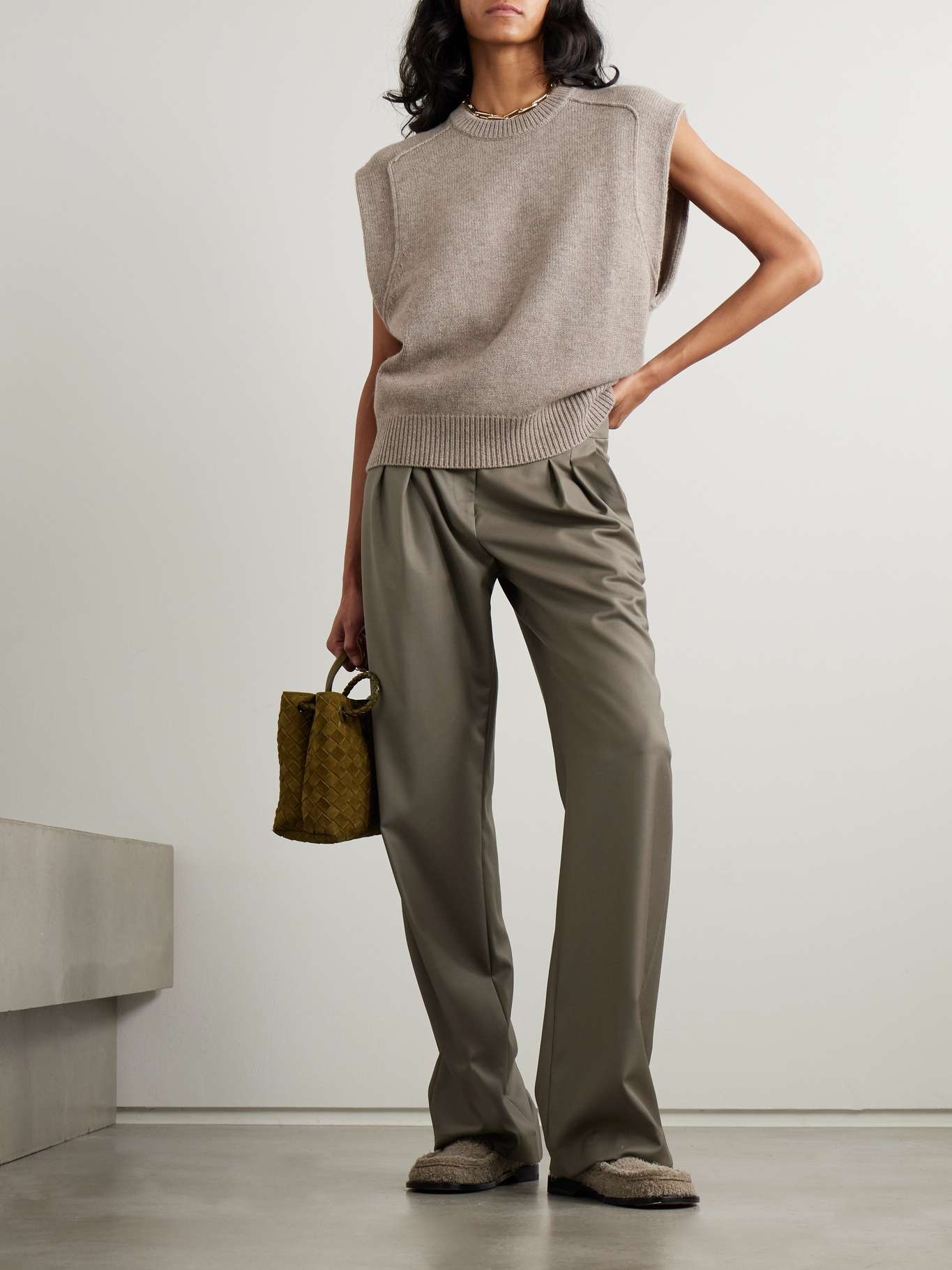Sbiru pleated wool straight-leg pants Mushroom - 2