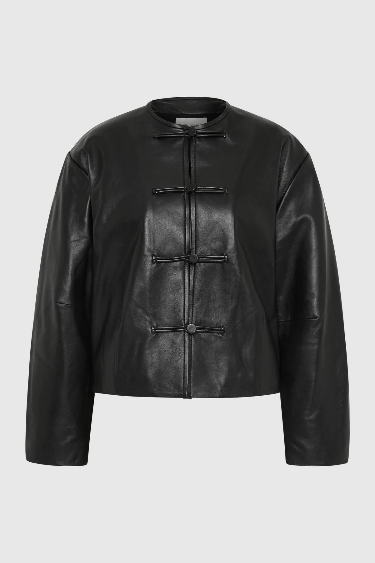 Button Detail Cocoon Leather Jacket - Black - 1