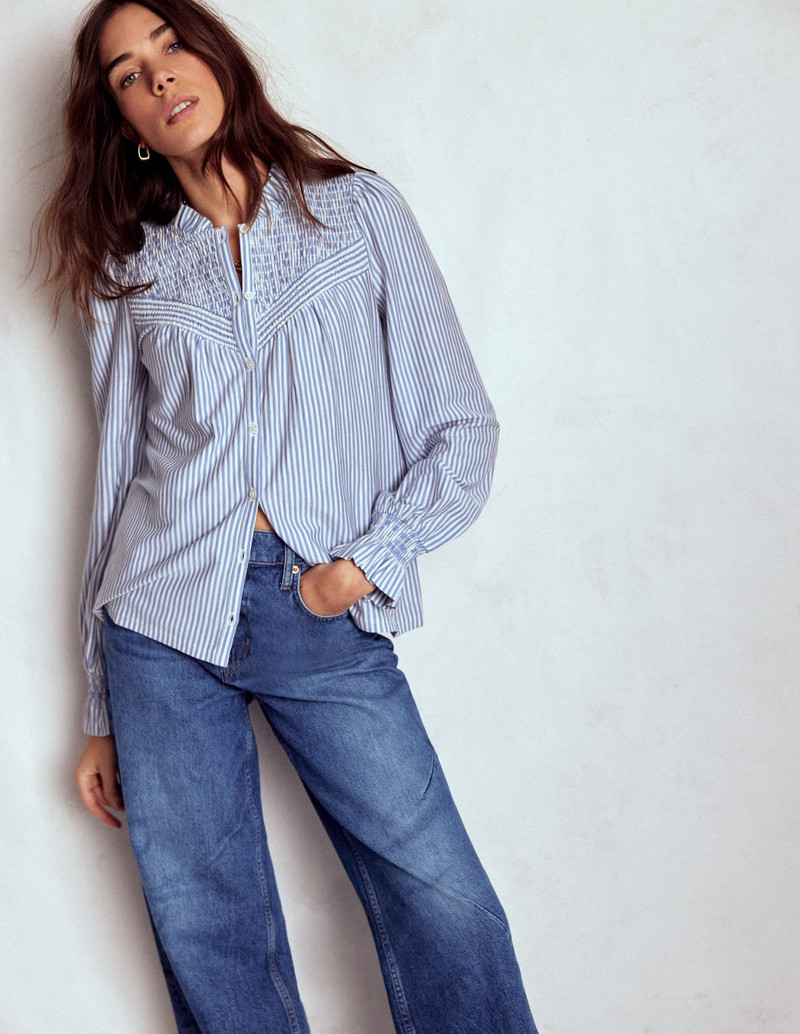 Smocked Yoke Jersey Shirt-Forever Blue and Ivory Stripe 5