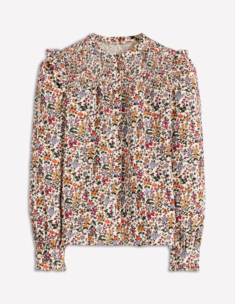Smocked Yoke Cord Top-Ivory Floral 1