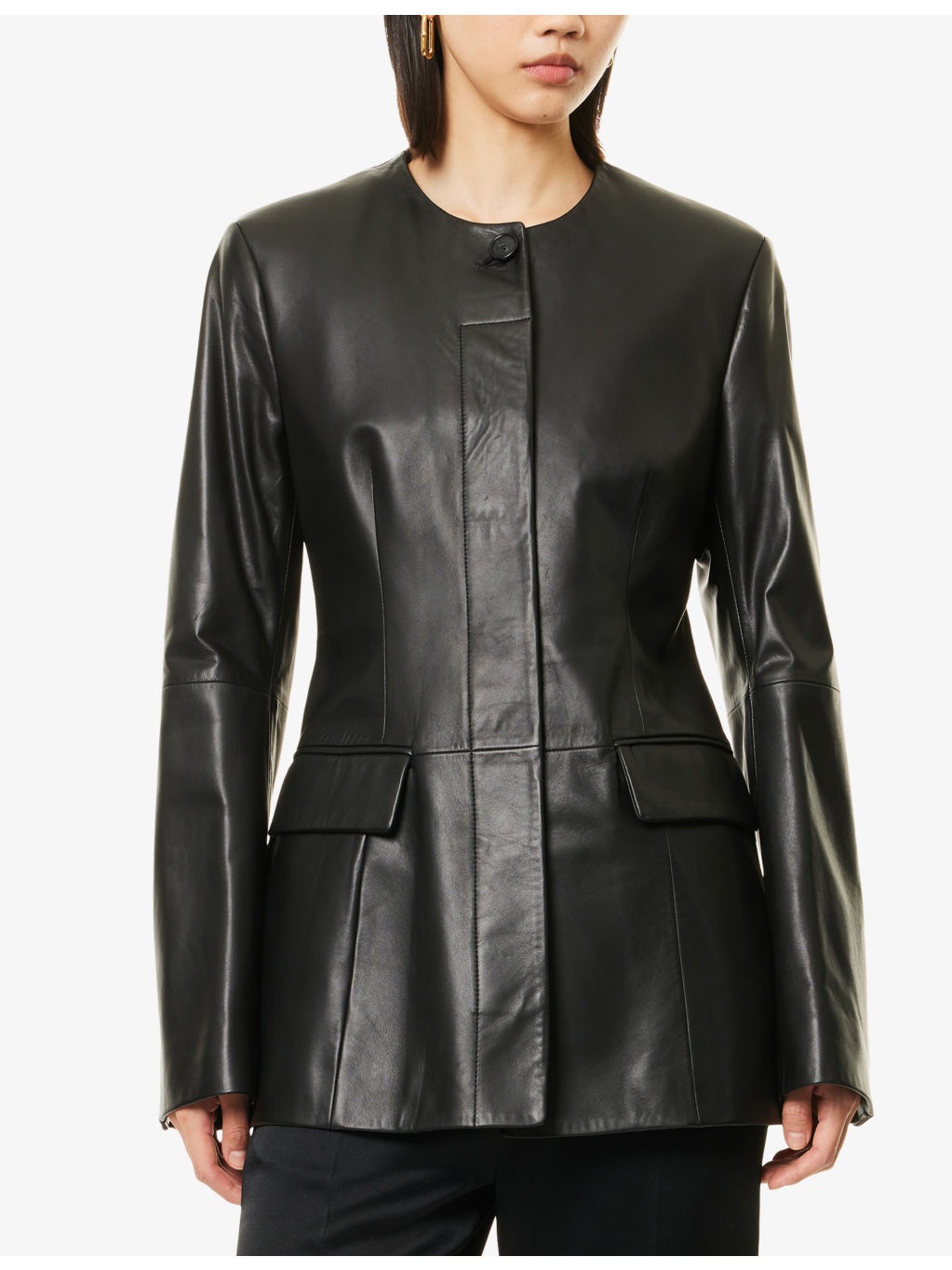 Collar-Less Long Leather Jacket - 3