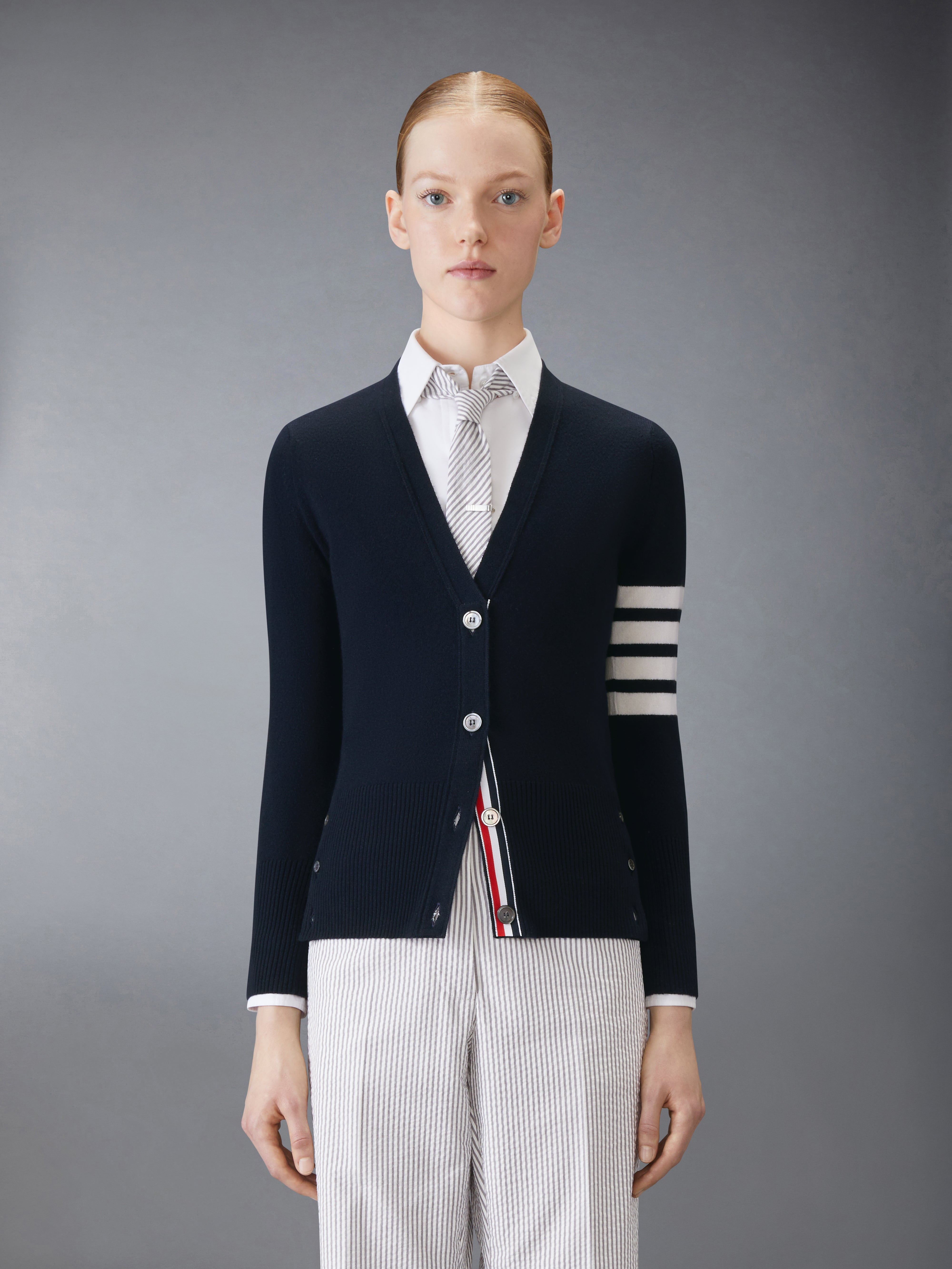 Navy Cashmere 4-Bar V-Neck Cardigan - 2