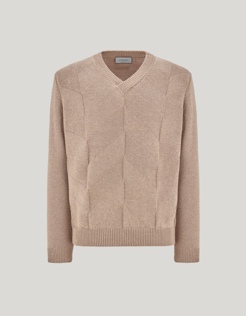 TAUPE COTTON AND SILK V-NECK SWEATER WITH STRUCTURED PATTERN 1