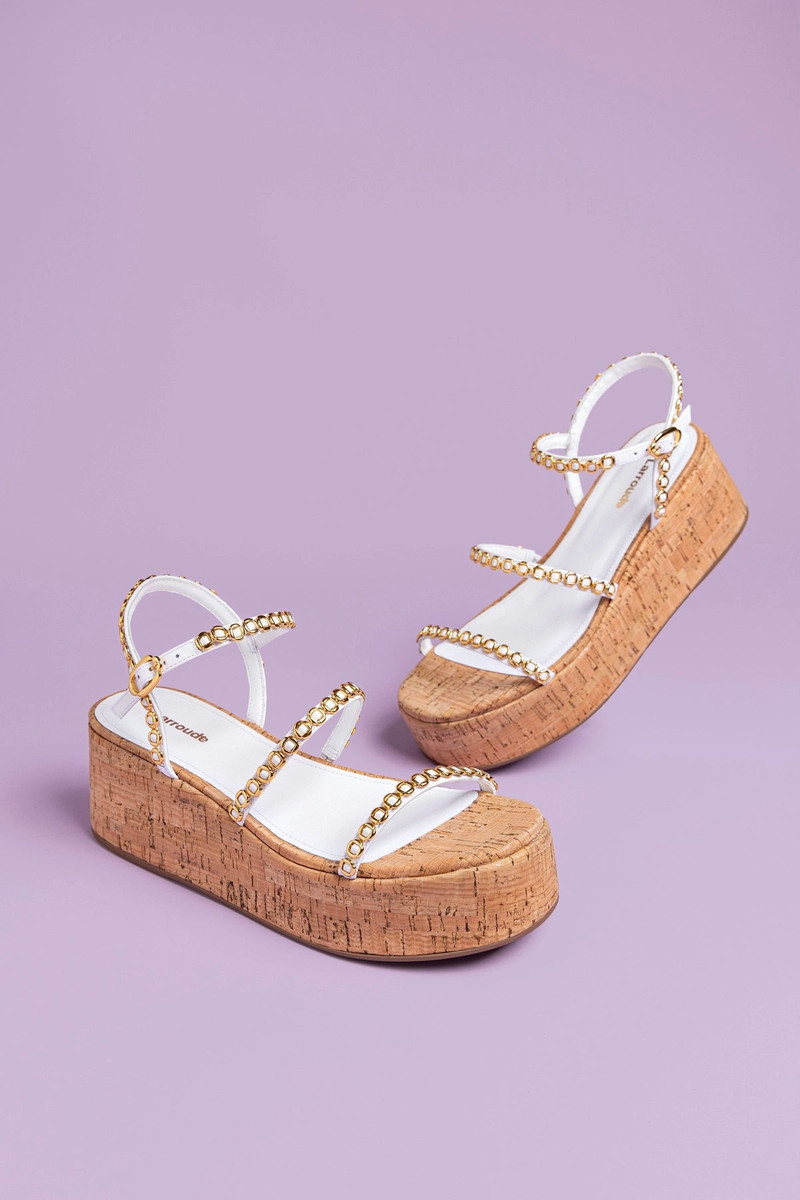 Larroudé Gio Milanina Flatform In White Patent Leather and Natural Cork outlook