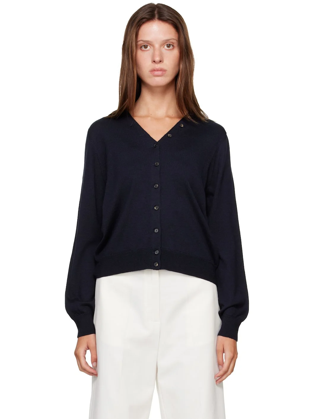 Navy Merino Wool Button Cardigan - 1