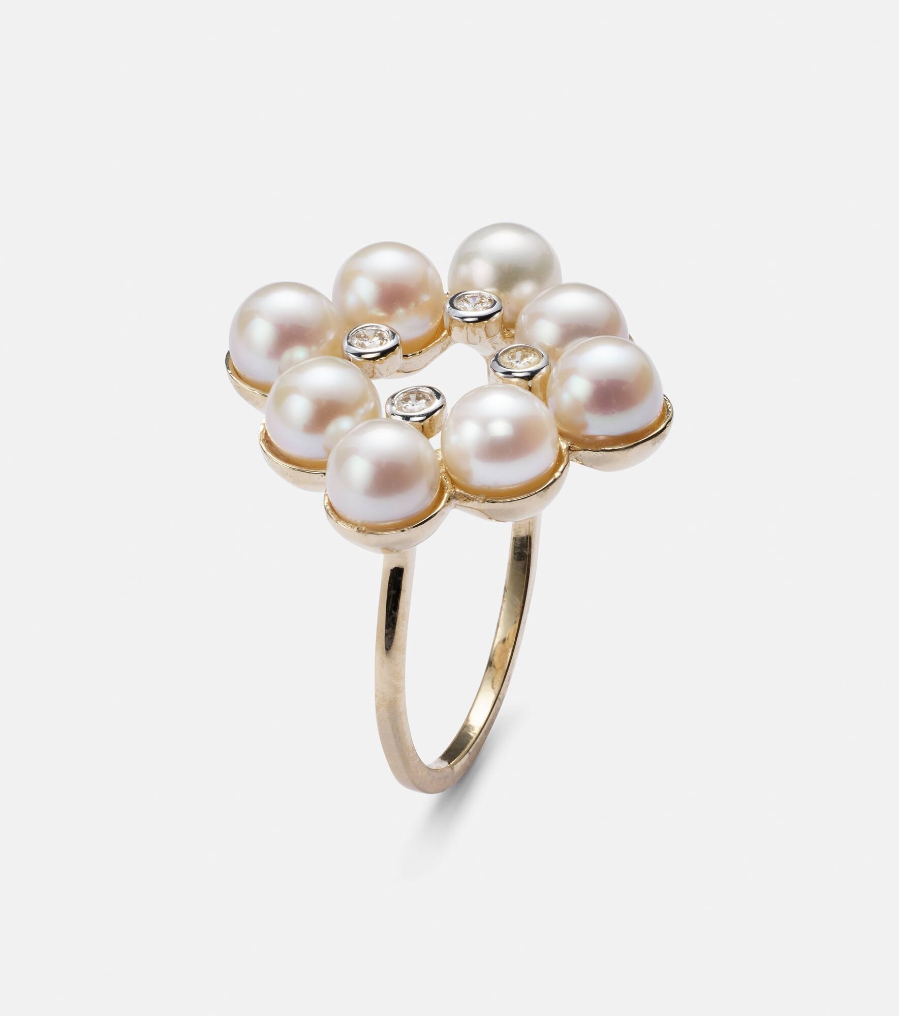 Cluster 14kt gold ring with pearls and diamonds - 4