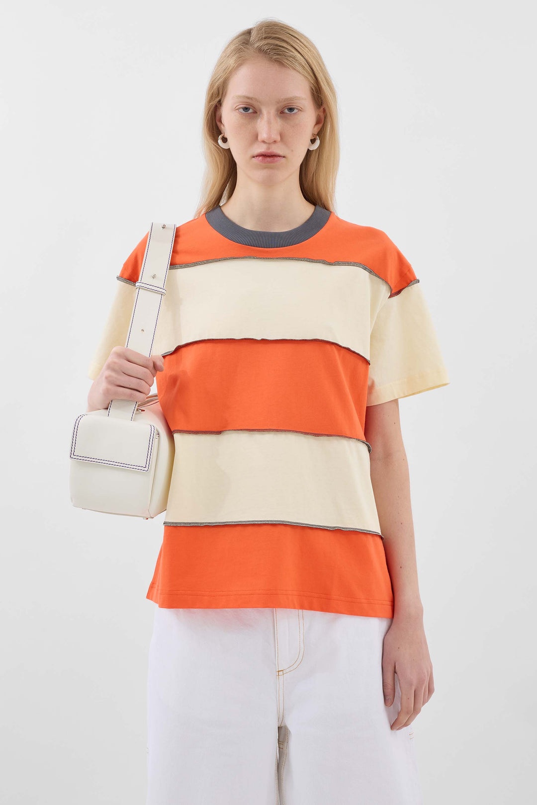 STRIPED T-SHIRT W/ CUTS / off white & orange - 2