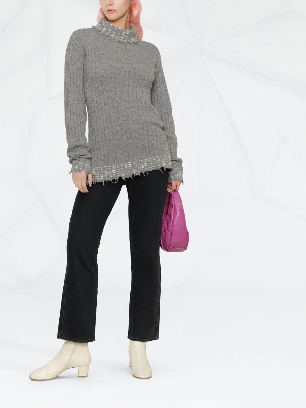 raw-cut edge high-neck knitted jumper - 2