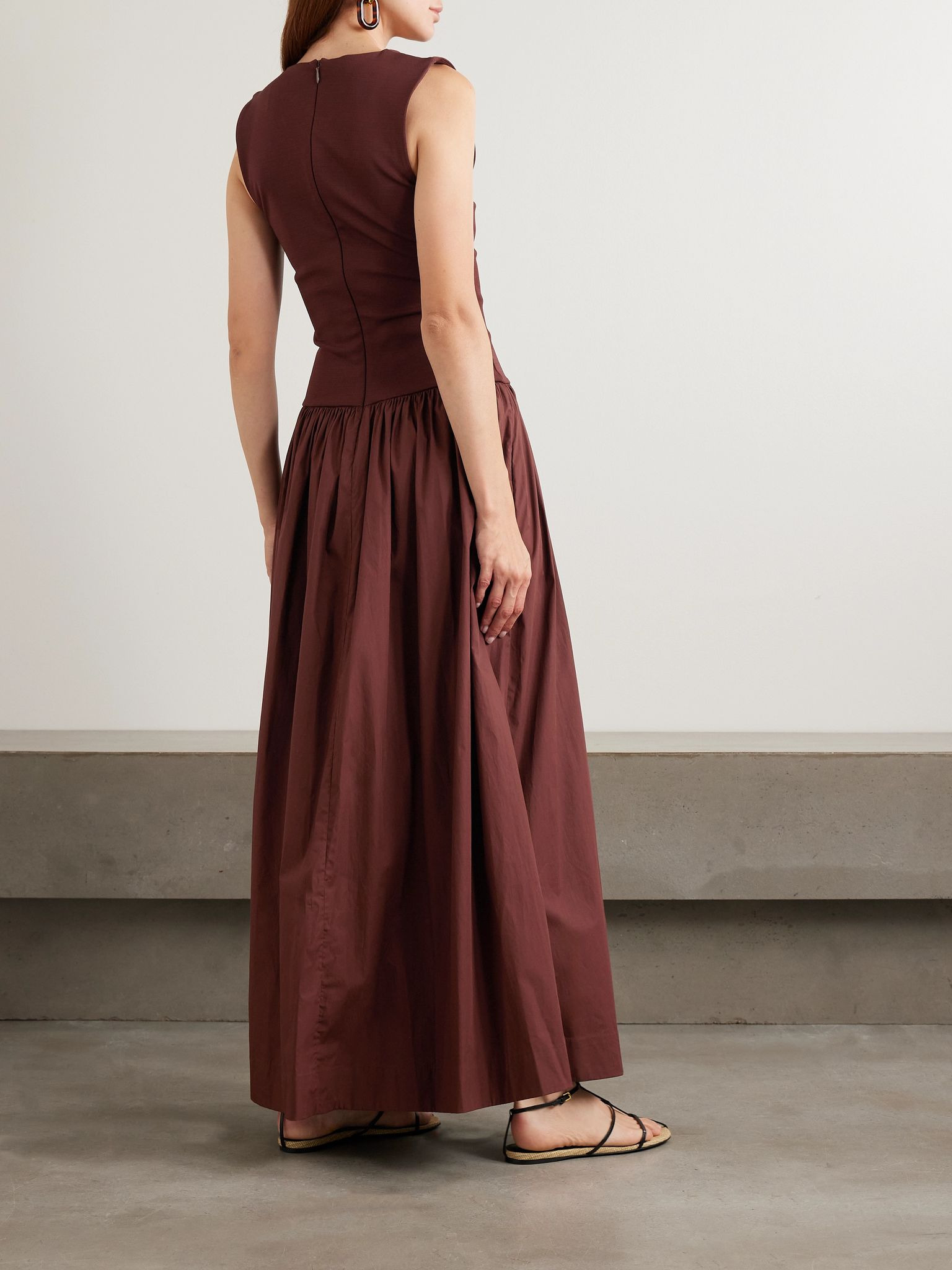 Stretch-knit and gathered organic cotton-poplin maxi dress Brown - 3