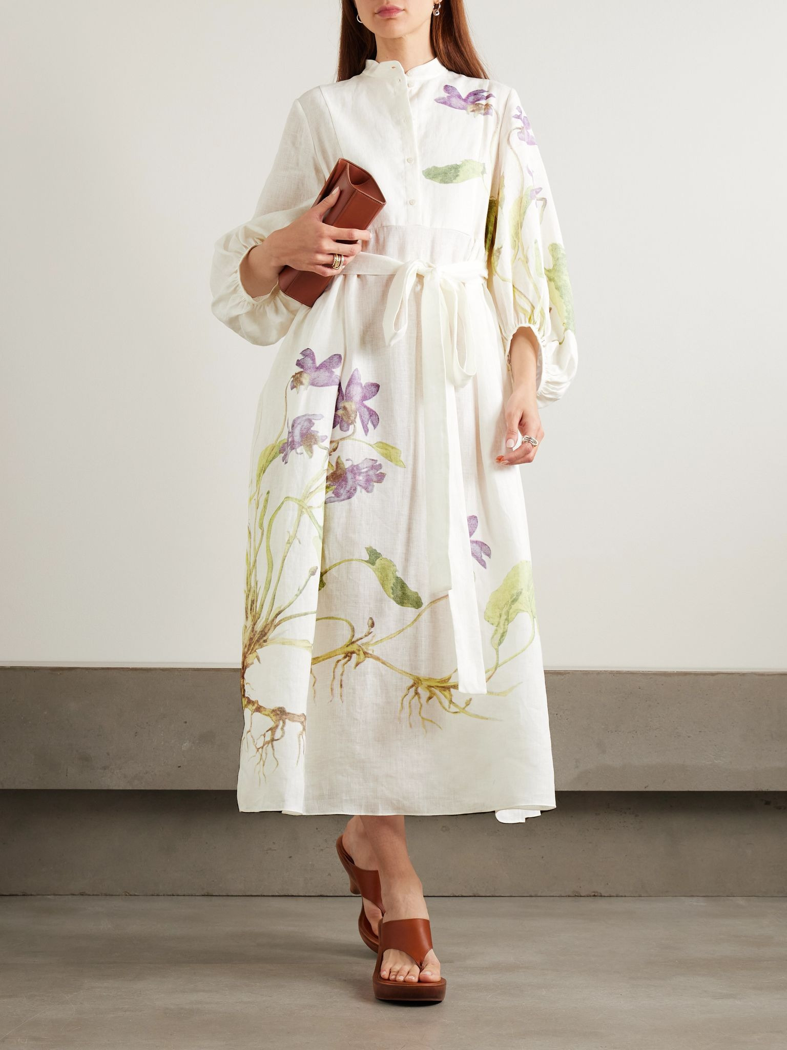 Belted floral-print linen midi dress White - 2