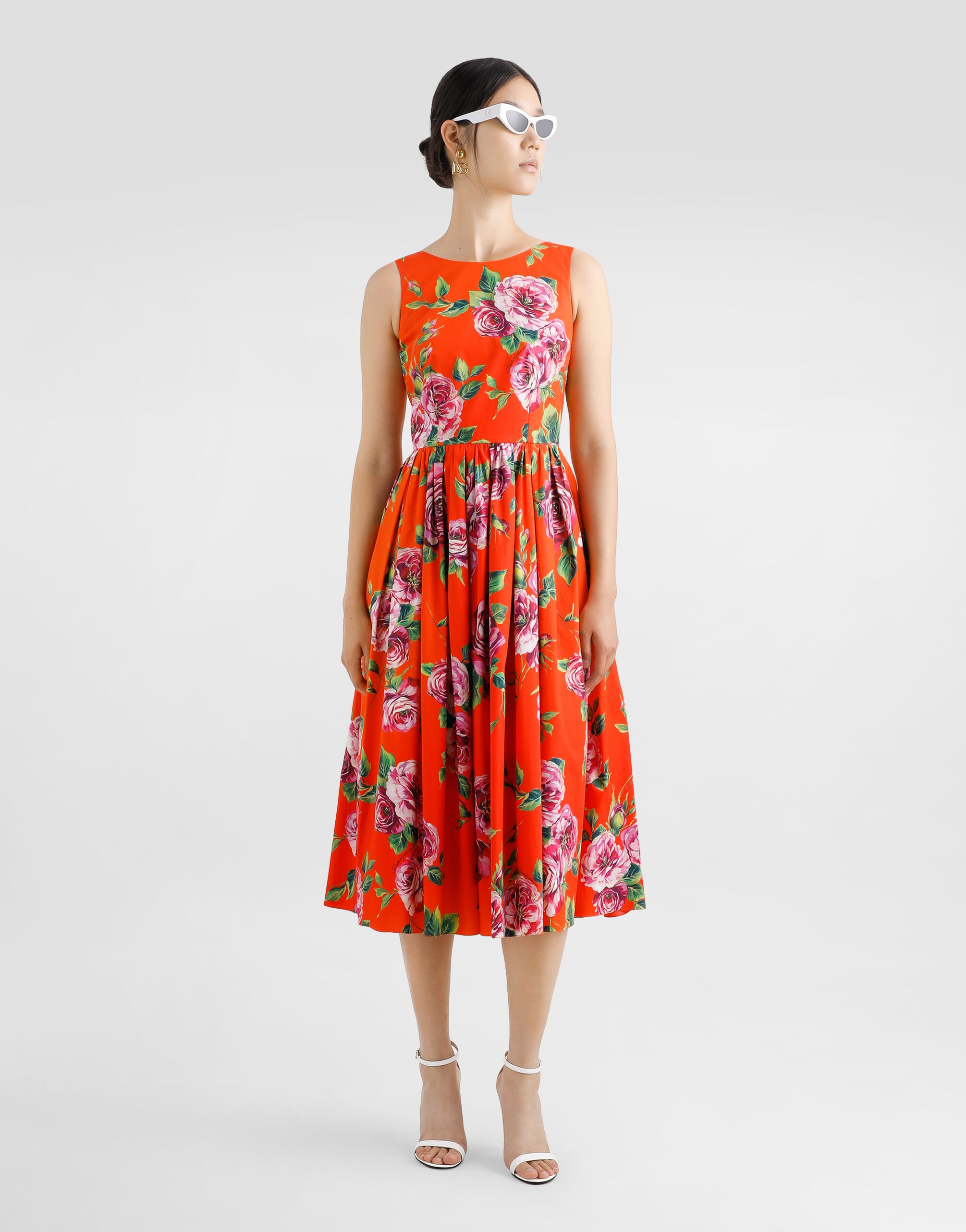 Cotton calf-length babydoll dress with rose print - 2