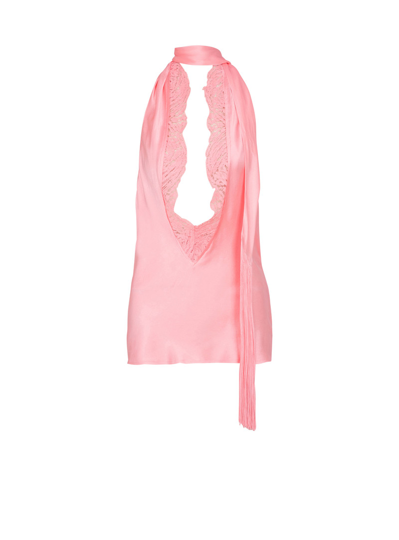 Backless fringed satin top 1