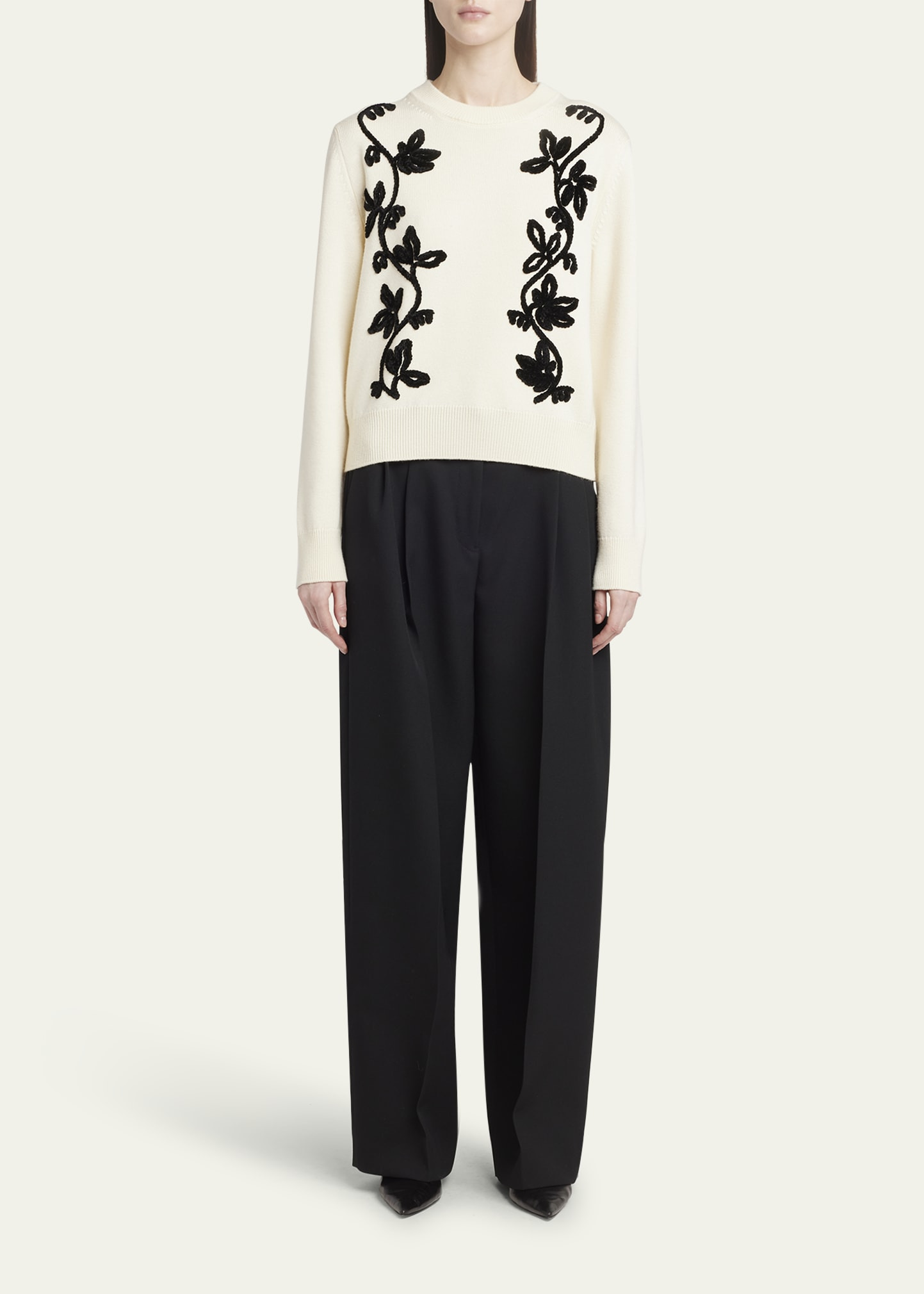 Velvet Floral Embroidered Merino Crewneck Sweater - 2